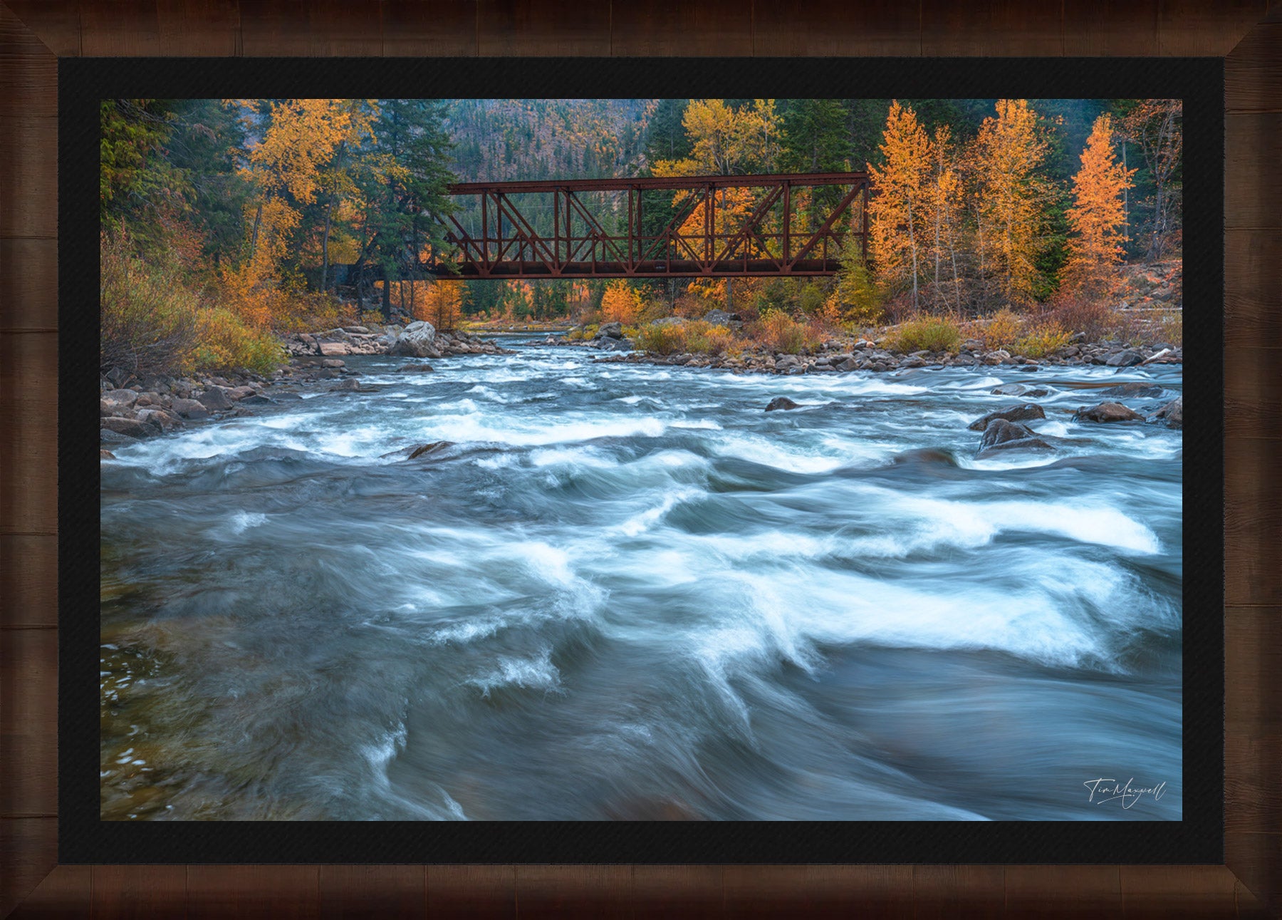Bridging Autumn fine art print in ROMA Moulding wood frame with black liner.