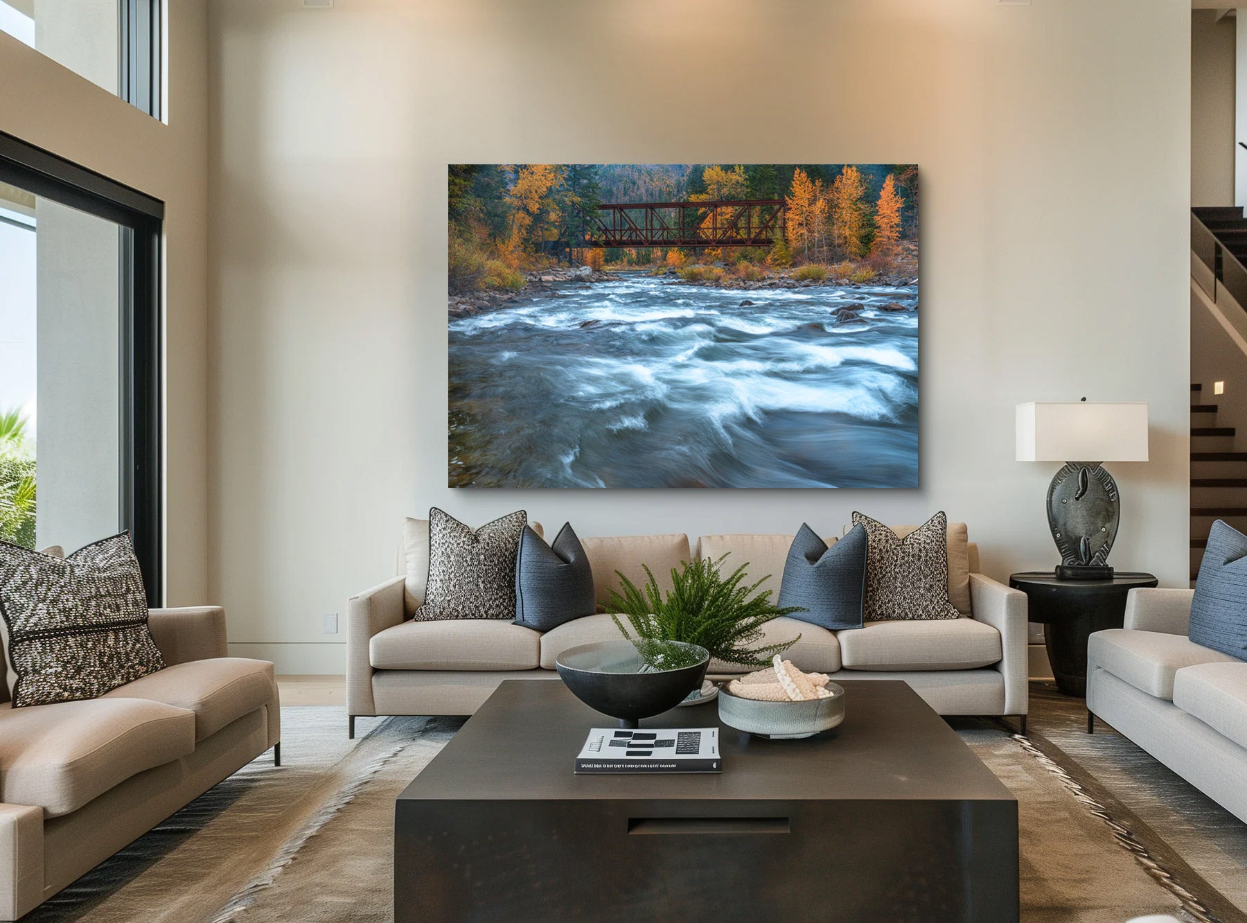Lumachrome acrylic print of Bridging Autumn displayed in a modern living room.