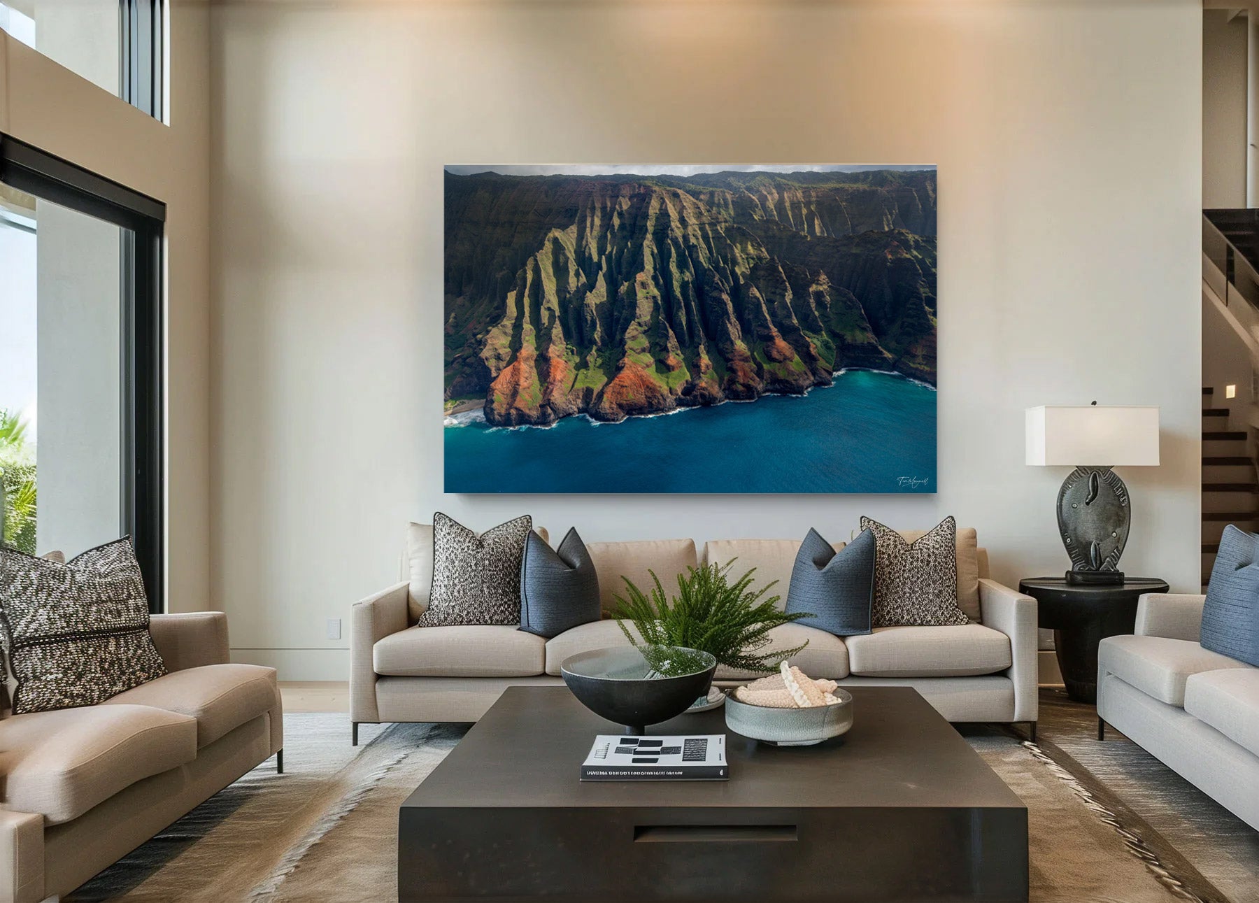 Lumachrome acrylic print of Cathedrals of the Coast displayed in a modern living room.