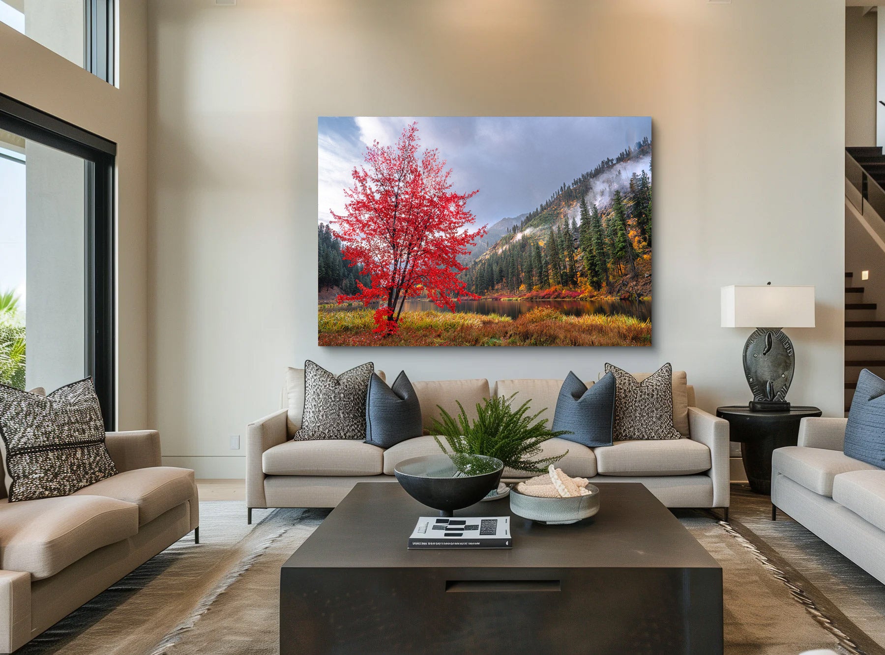 Lumachrome acrylic print of Crimson in the Canyon displayed in a modern living room.