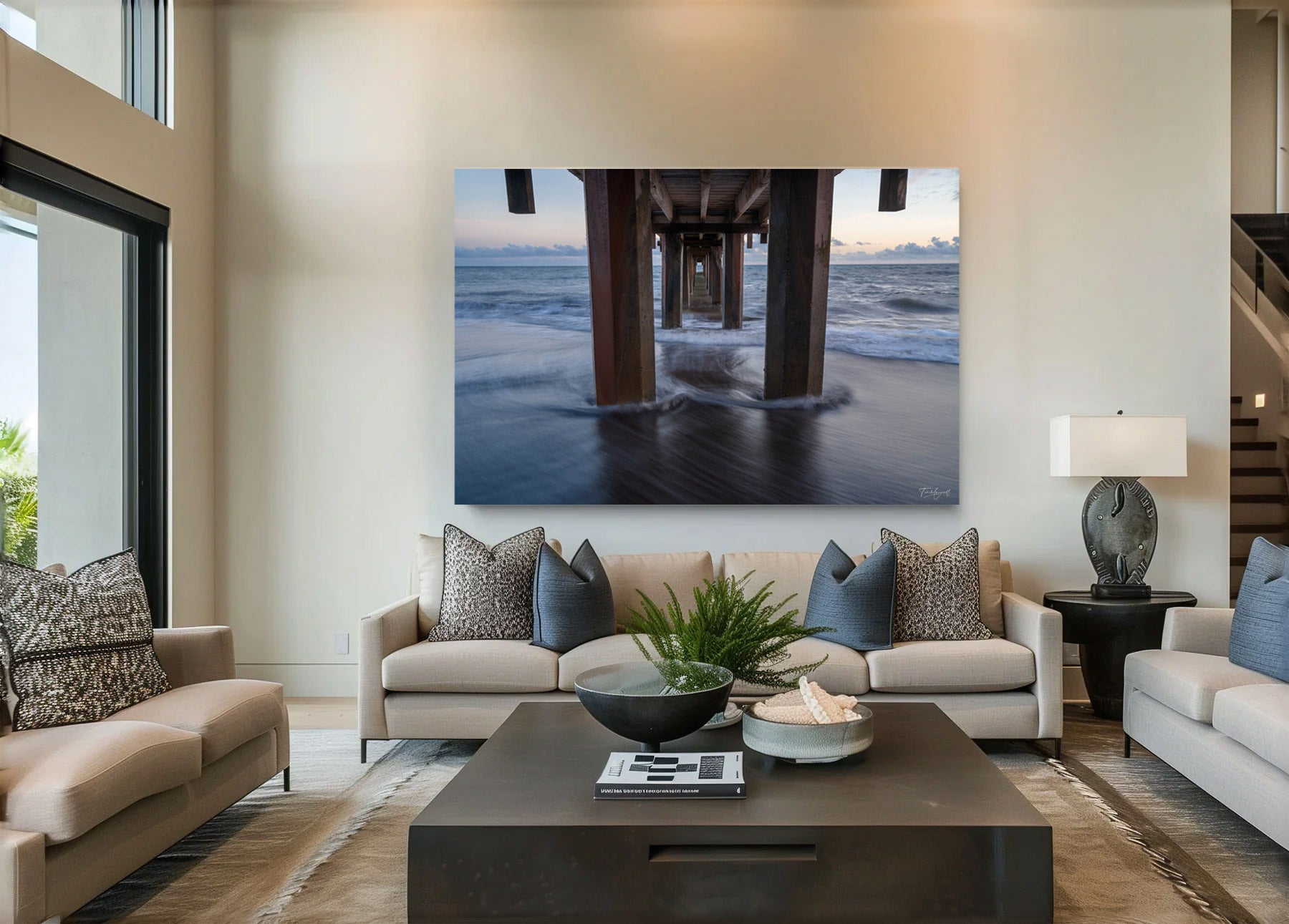 Lumachrome acrylic print of Framed by Tide displayed in a modern living room.