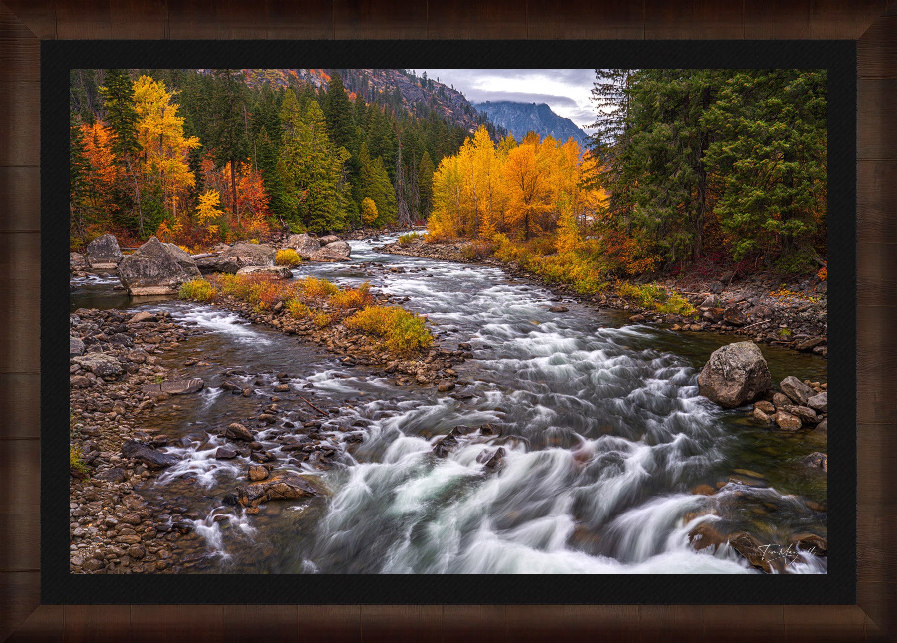 Golden Currents fine art print in ROMA Moulding wood frame with black liner.