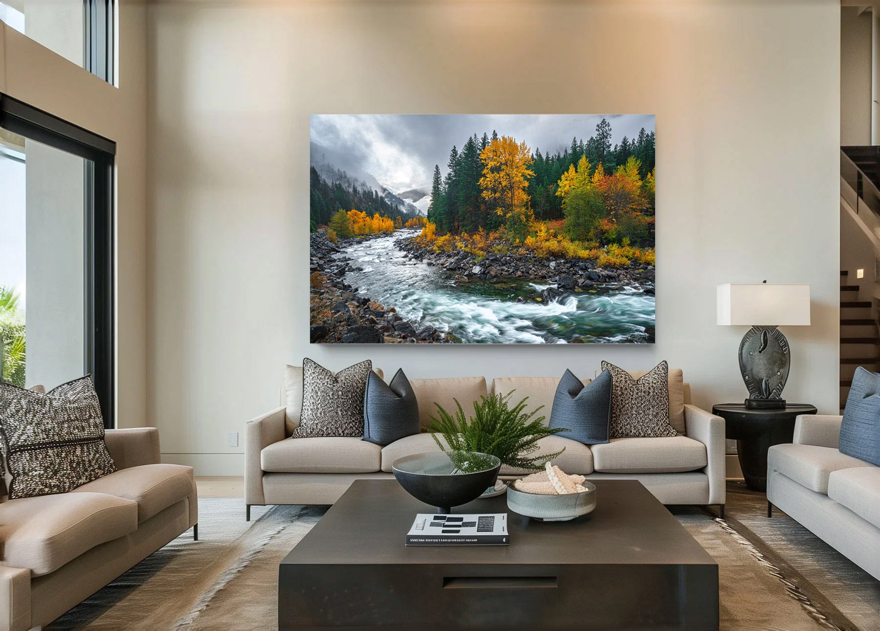 Lumachrome acrylic print of Golden Journey displayed in a modern living room.