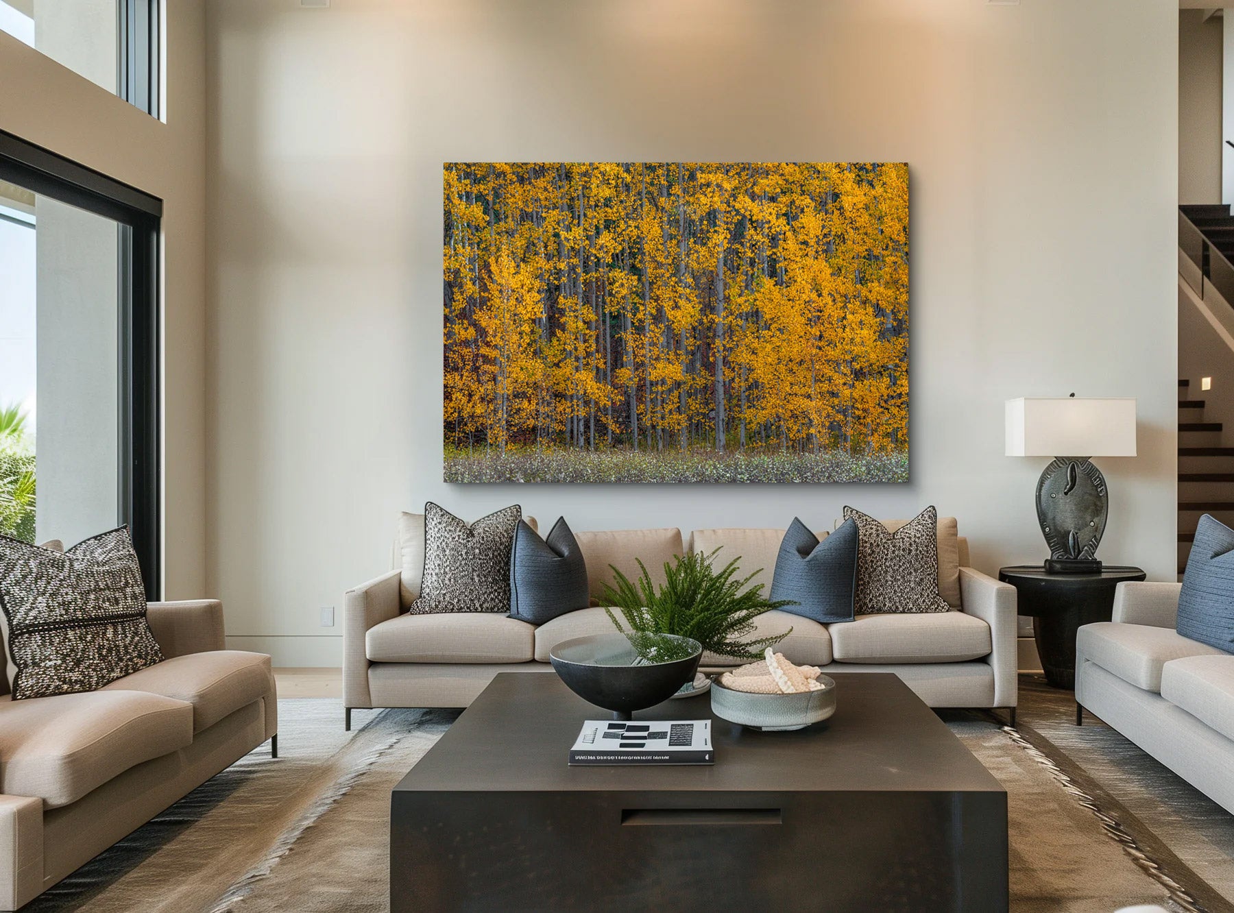 Lumachrome acrylic print of Golden Symphony displayed in a modern living room.