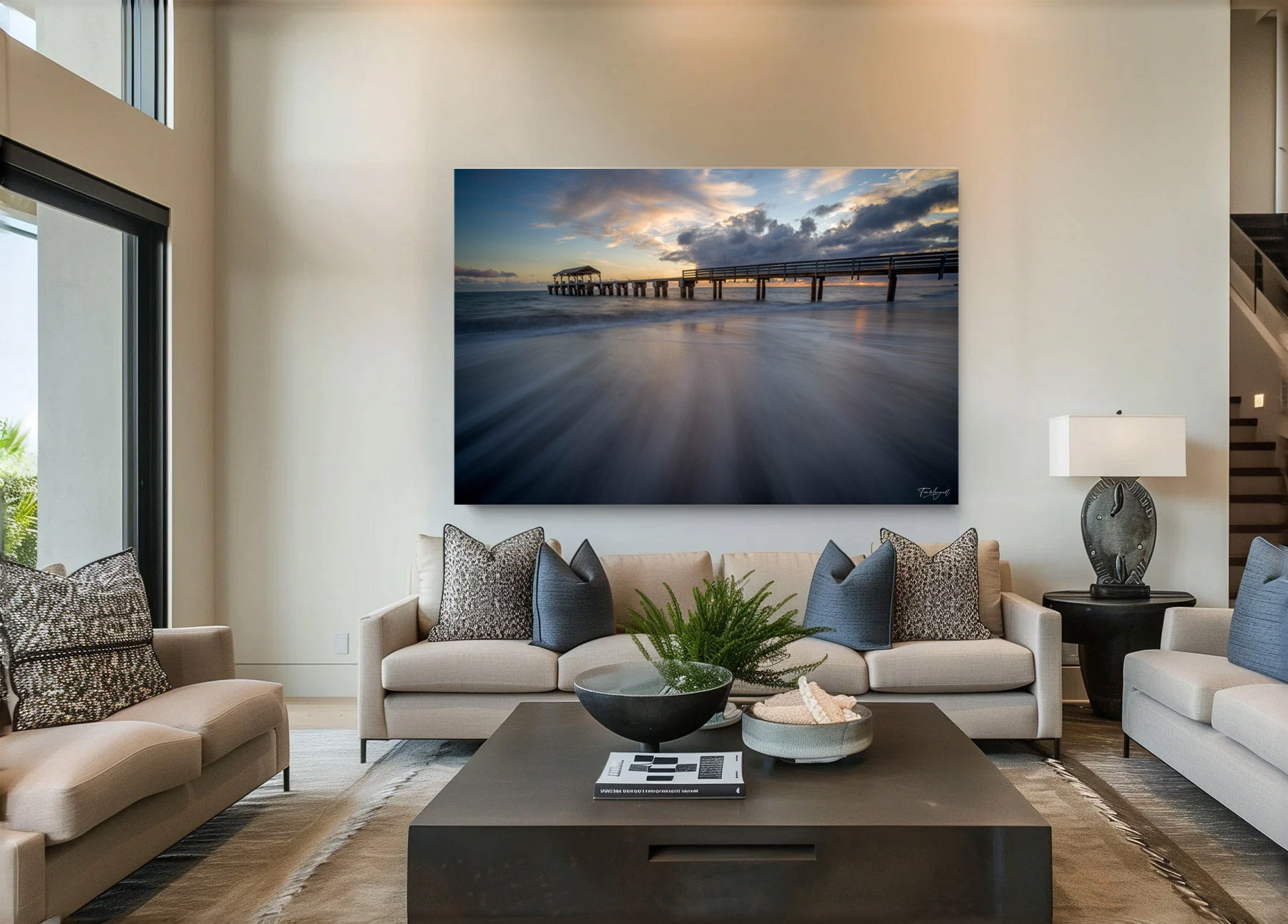 Lumachrome acrylic print of Last Light at the Pier displayed in a modern living room.