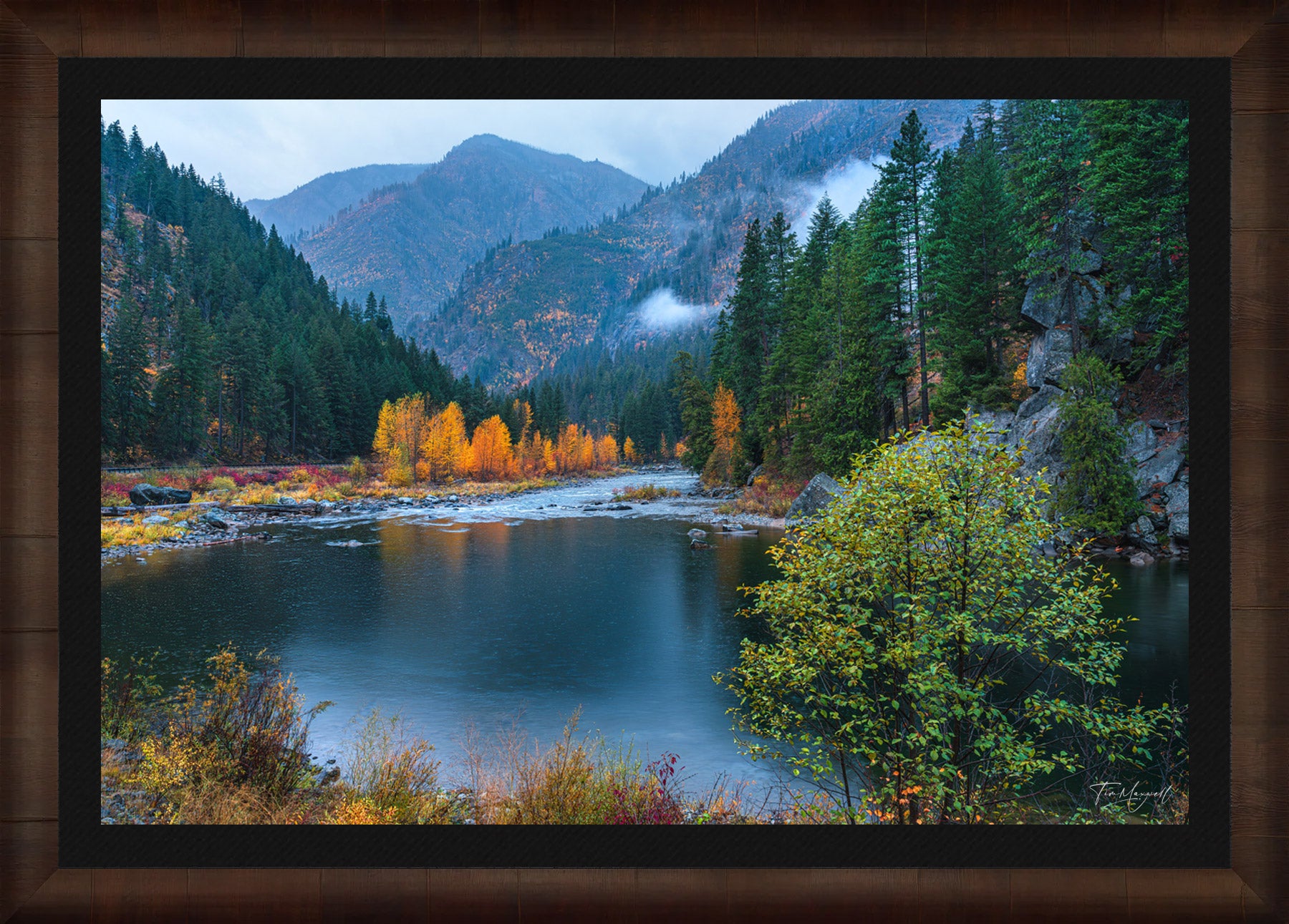 Misty Canyon Morning fine art print in ROMA Moulding wood frame with black liner.