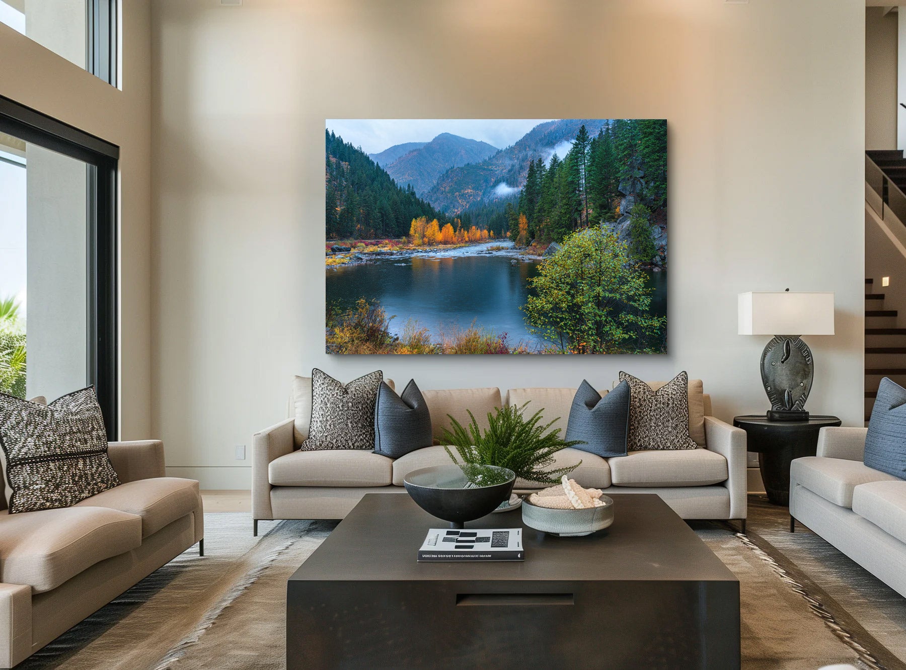 Lumachrome acrylic print of Misty Canyon Morning displayed in a modern living room.