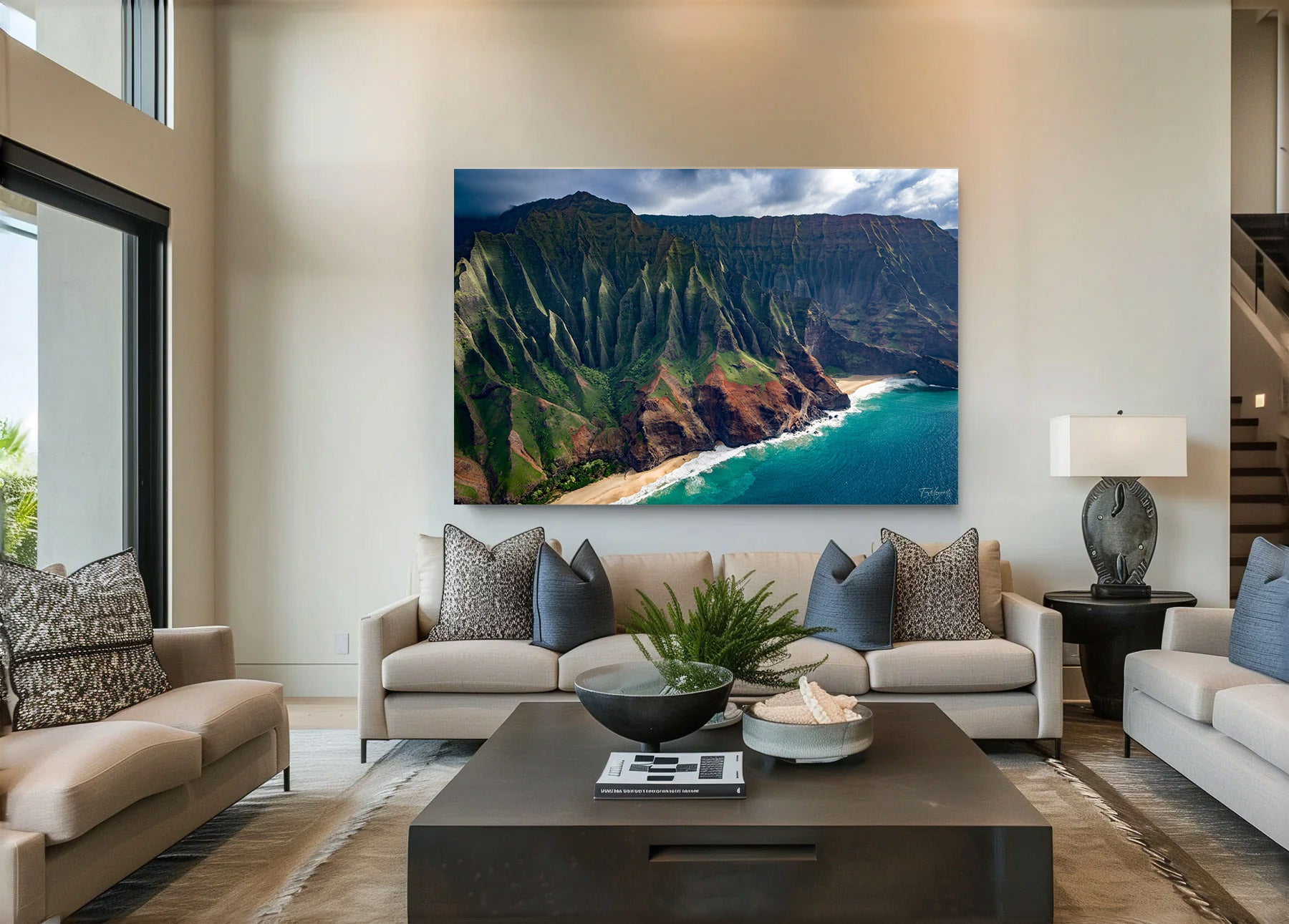 Large Lumachrome acrylic print of Na Pali Majesty displayed in a modern living room.