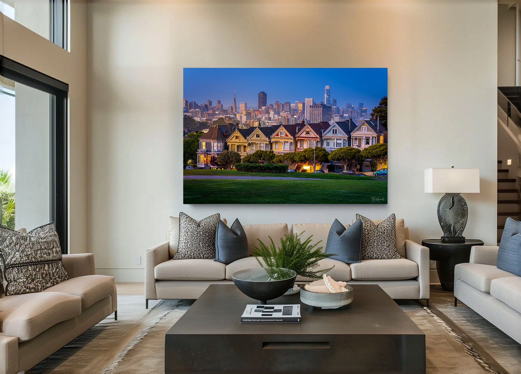Lumachrome acrylic print of Painted Ladies with a View displayed in a modern living room.