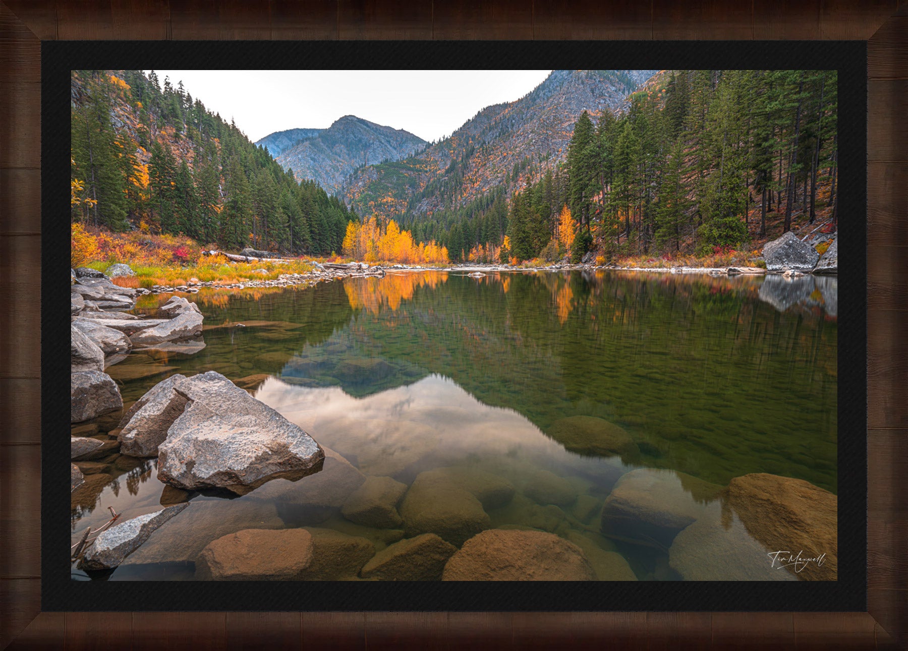 Peaceful Reflections fine art print in ROMA Moulding wood frame with black liner.