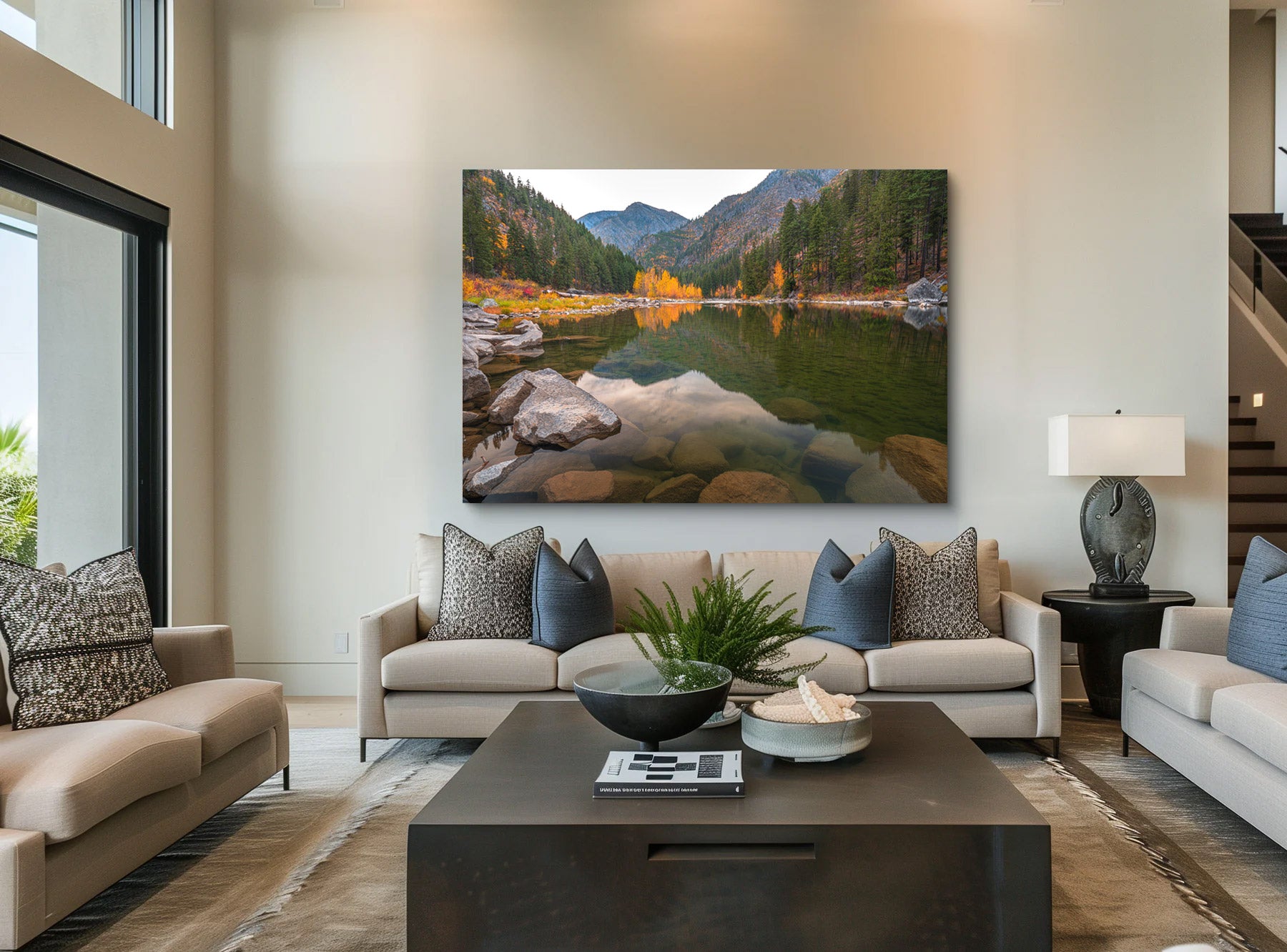 Lumachrome acrylic print of Peaceful Reflections displayed in a modern living room.