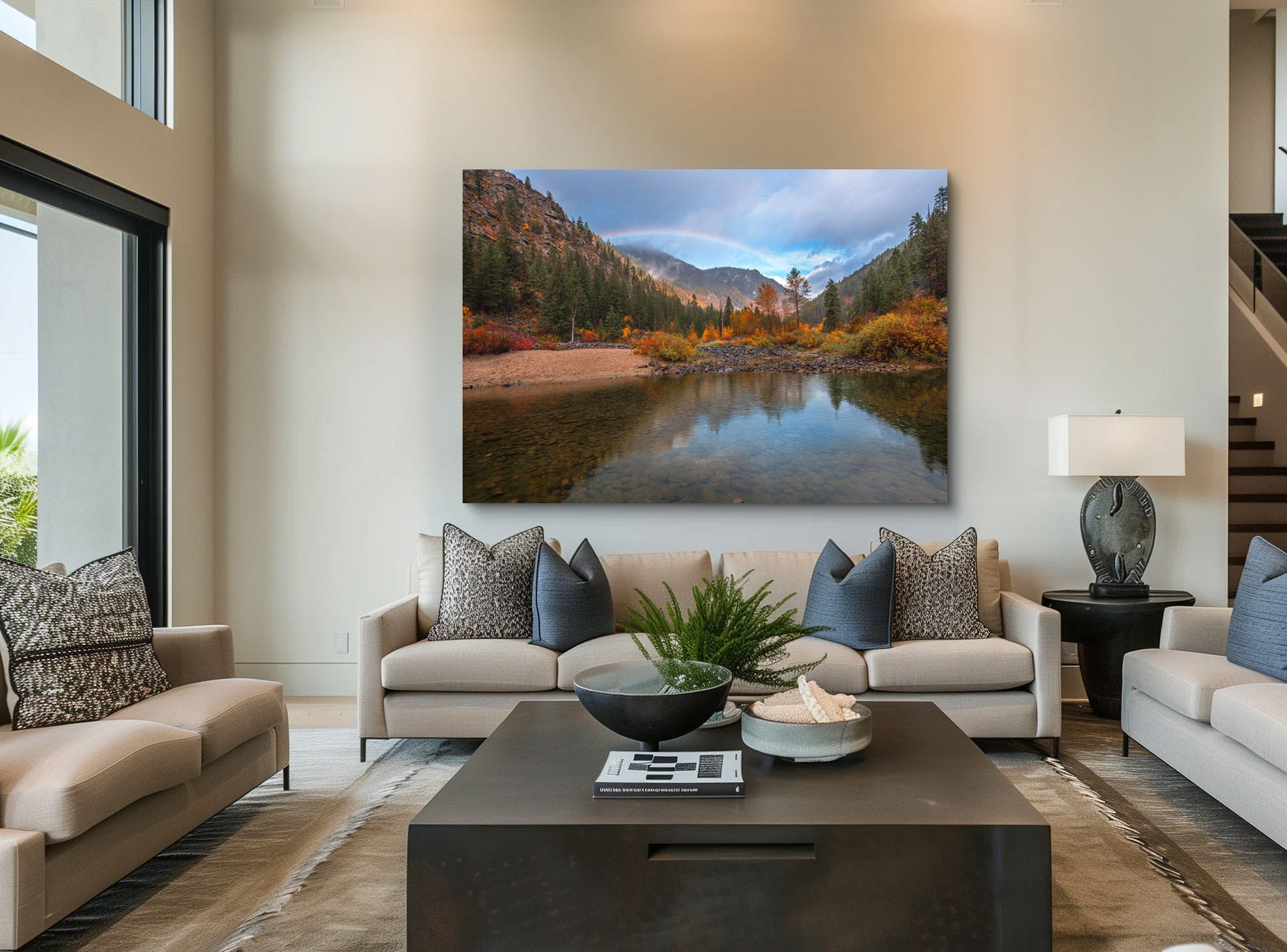 Lumachrome acrylic print of Peaceful Shores and Painted Skies displayed in a modern living room.