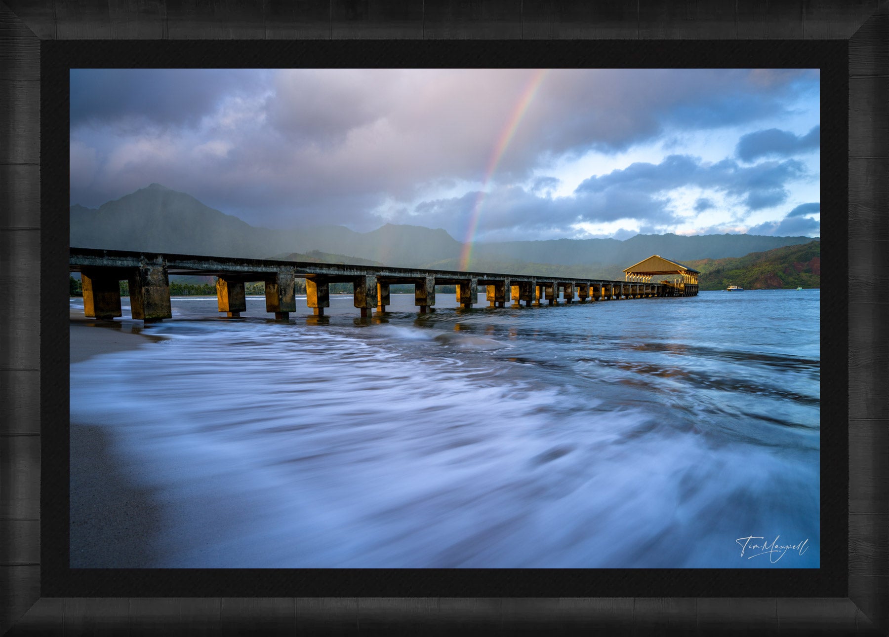 Rainbow at Hanalei fine art print in ROMA Moulding wood frame with black liner.