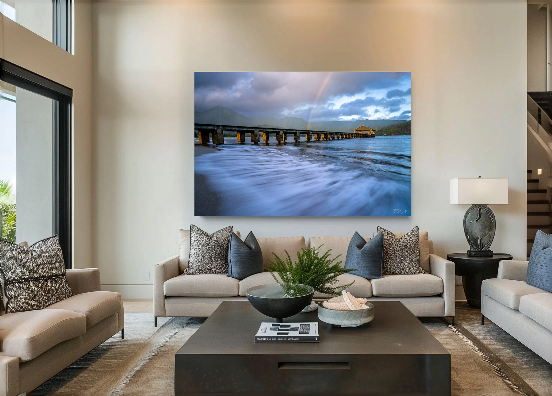 Lumachrome acrylic print of Rainbow at Hanalei displayed in a modern living room.