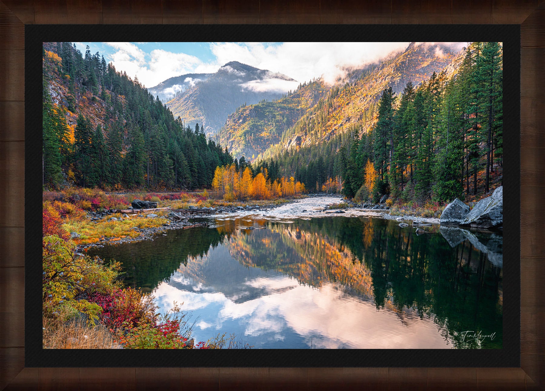 Reflections of Autumn's Peak fine art print in ROMA Moulding wood frame with black liner.