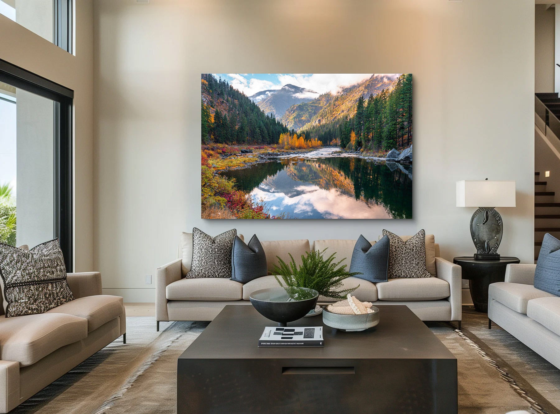 Lumachrome acrylic print of Reflections of Autumn's Peak displayed in a modern living room.
