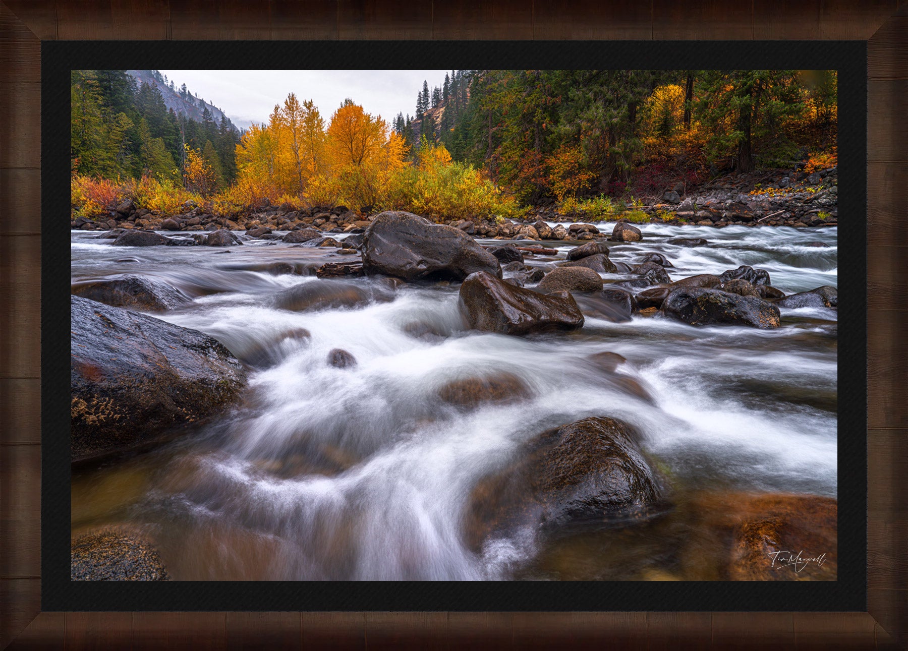 River’s Edge fine art print in ROMA Moulding wood frame with black liner.