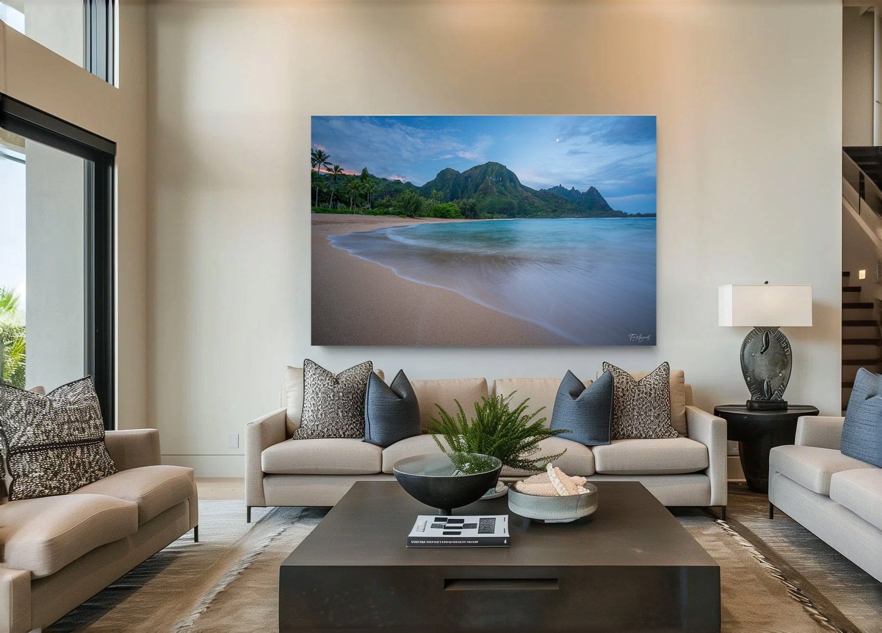 Lumachrome acrylic print of Sunrise at Makana displayed in a modern living room.