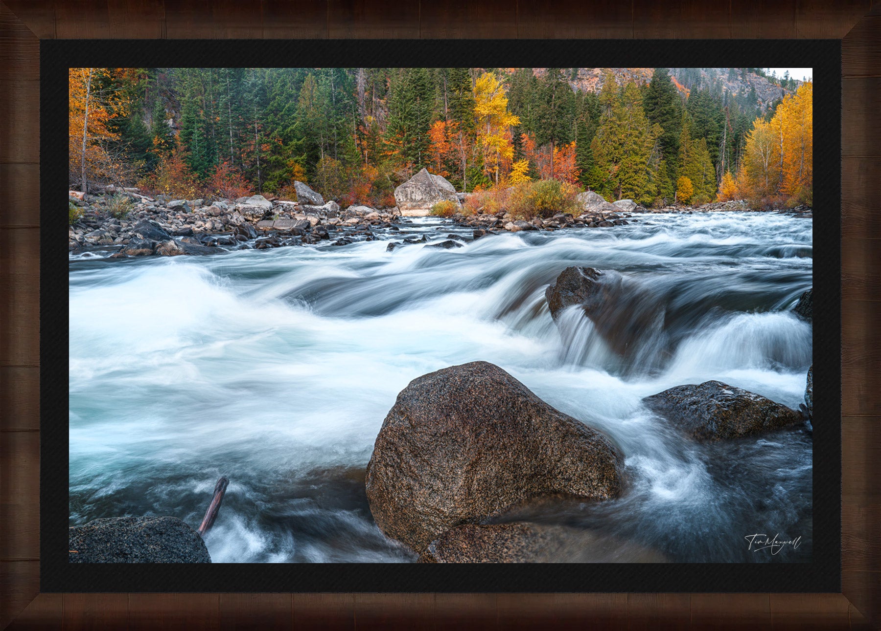 Whispers of the Rapids fine art print in ROMA Moulding wood frame with black liner.