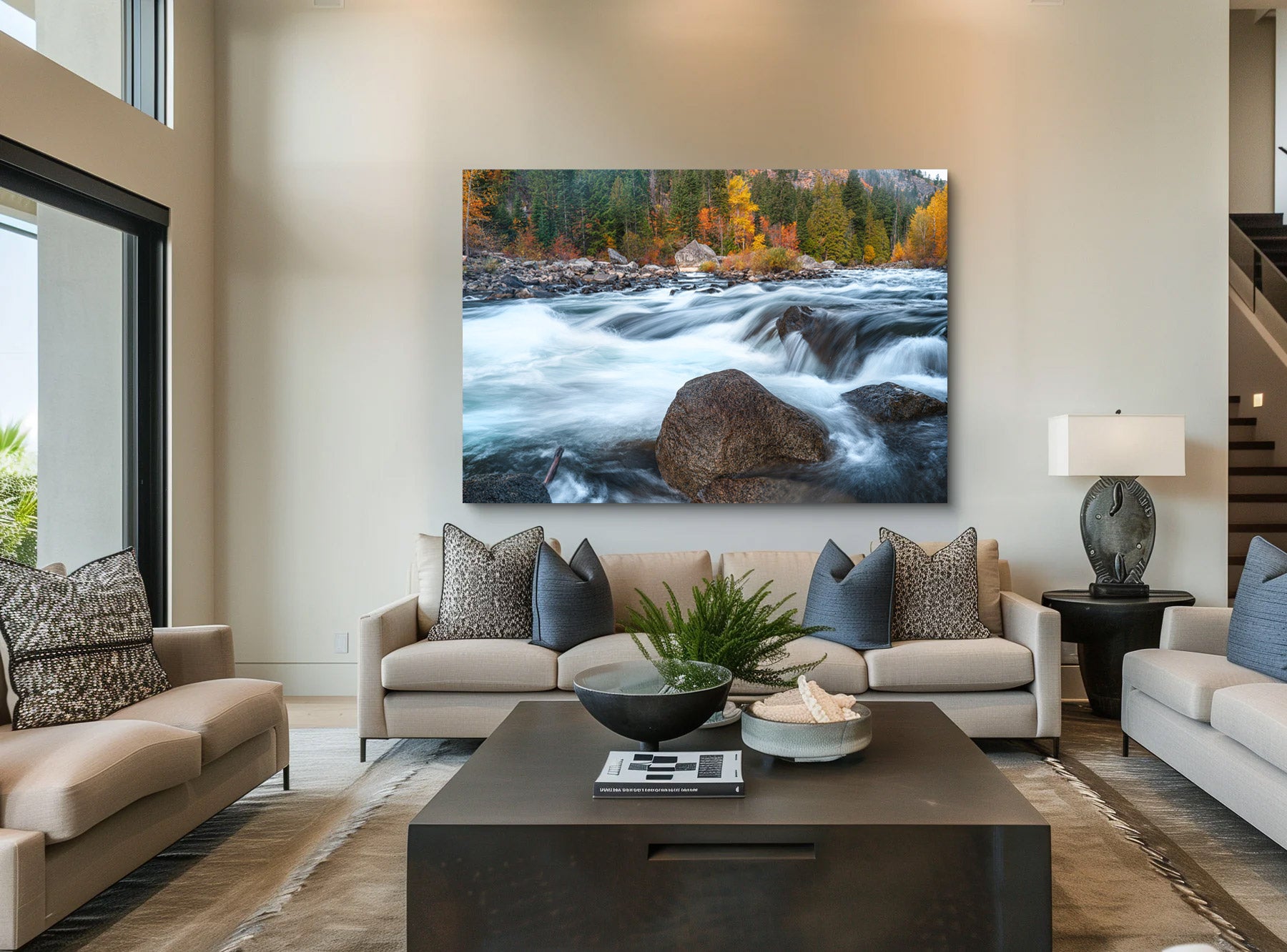Lumachrome acrylic print of Whispers of the Rapids displayed in a modern living room.