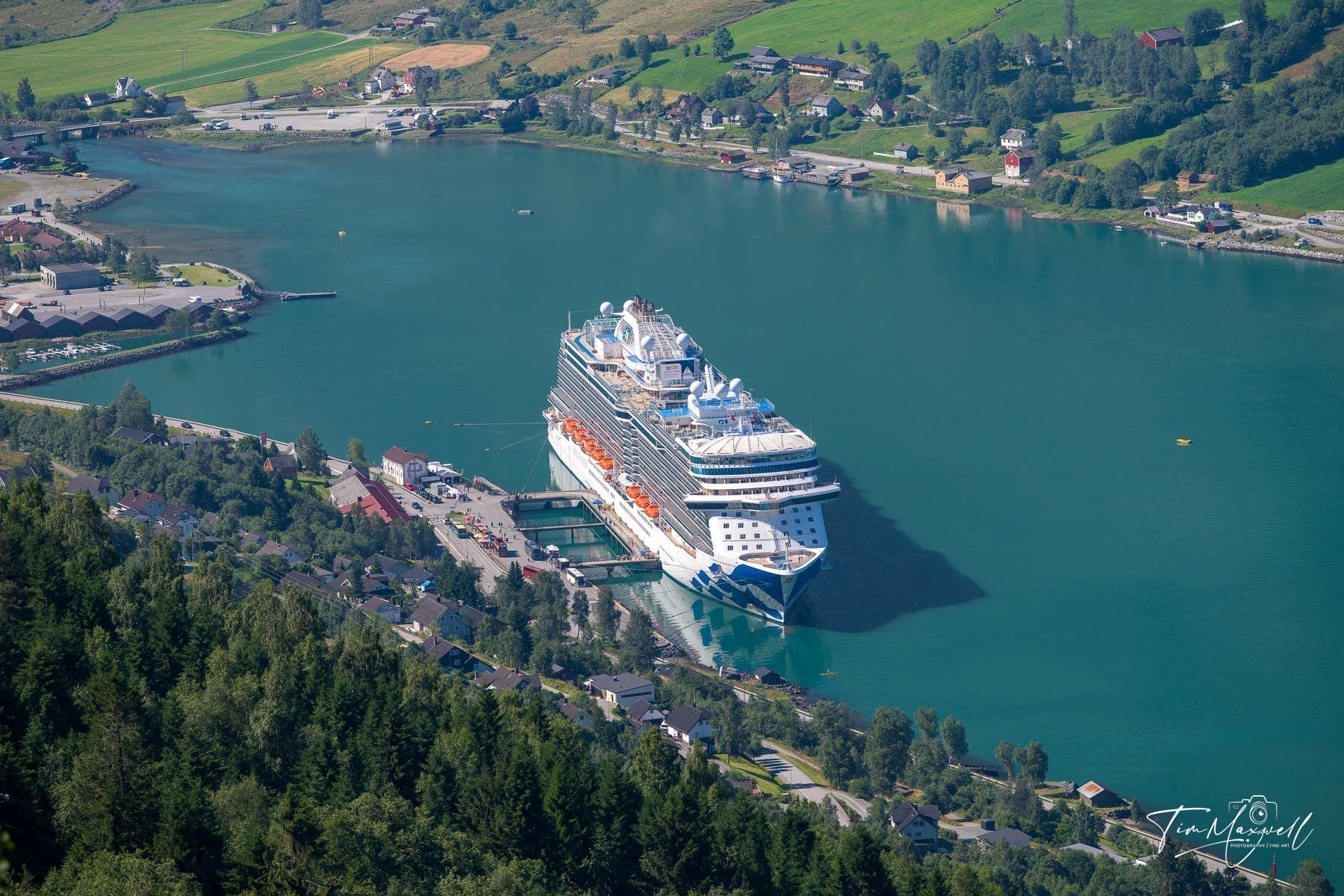 A view of the Sky Princess cruise ship taken from the Huaren Viewpoint in Olden, Norway