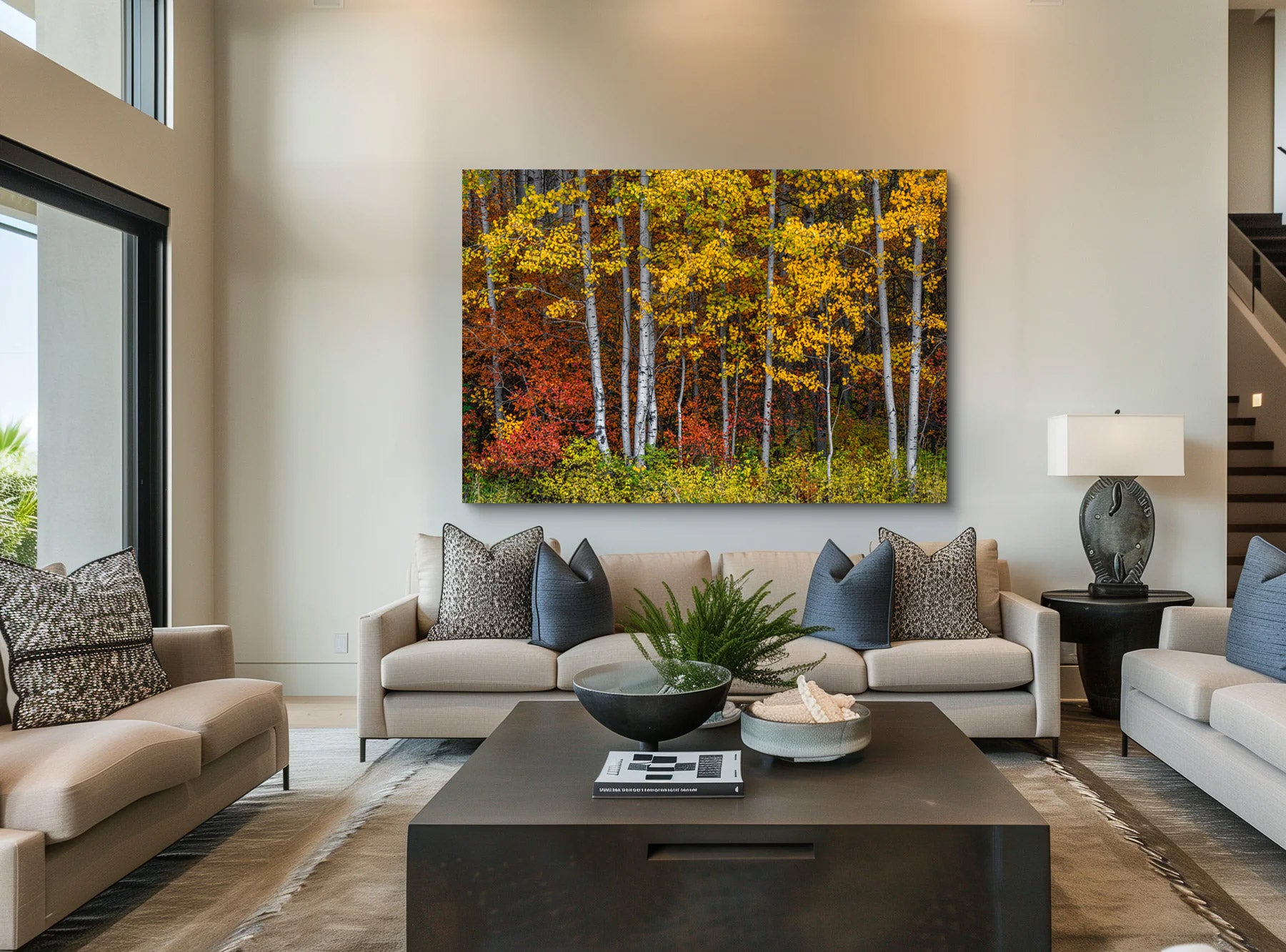 Lumachrome acrylic print of Autumn Fire displayed in a modern living room.