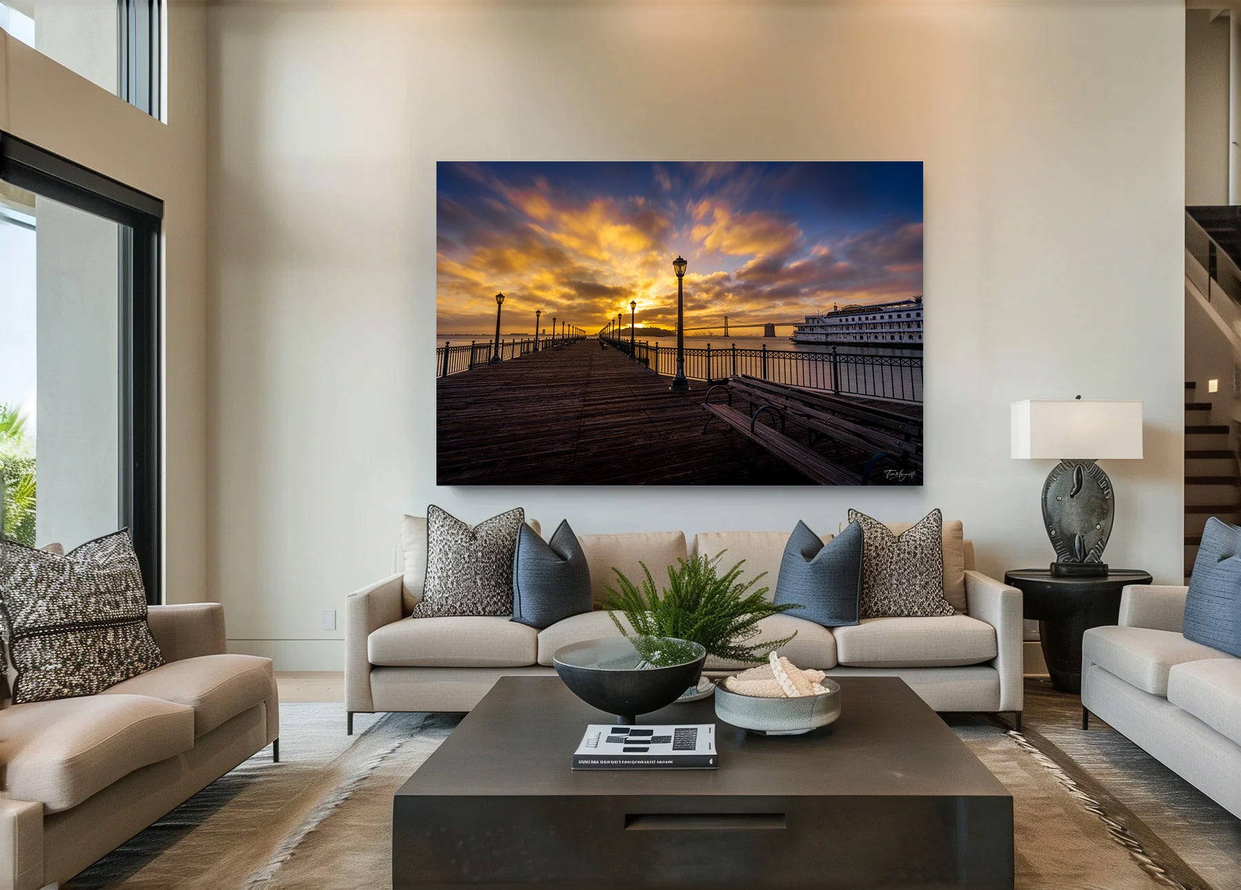Lumachrome acrylic print of Belle of the Bay displayed in a modern living room.