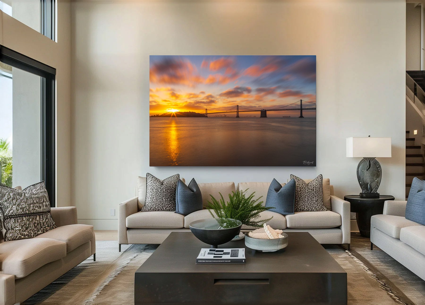Lumachrome acrylic print of Bridge to Morning displayed in a modern living room.