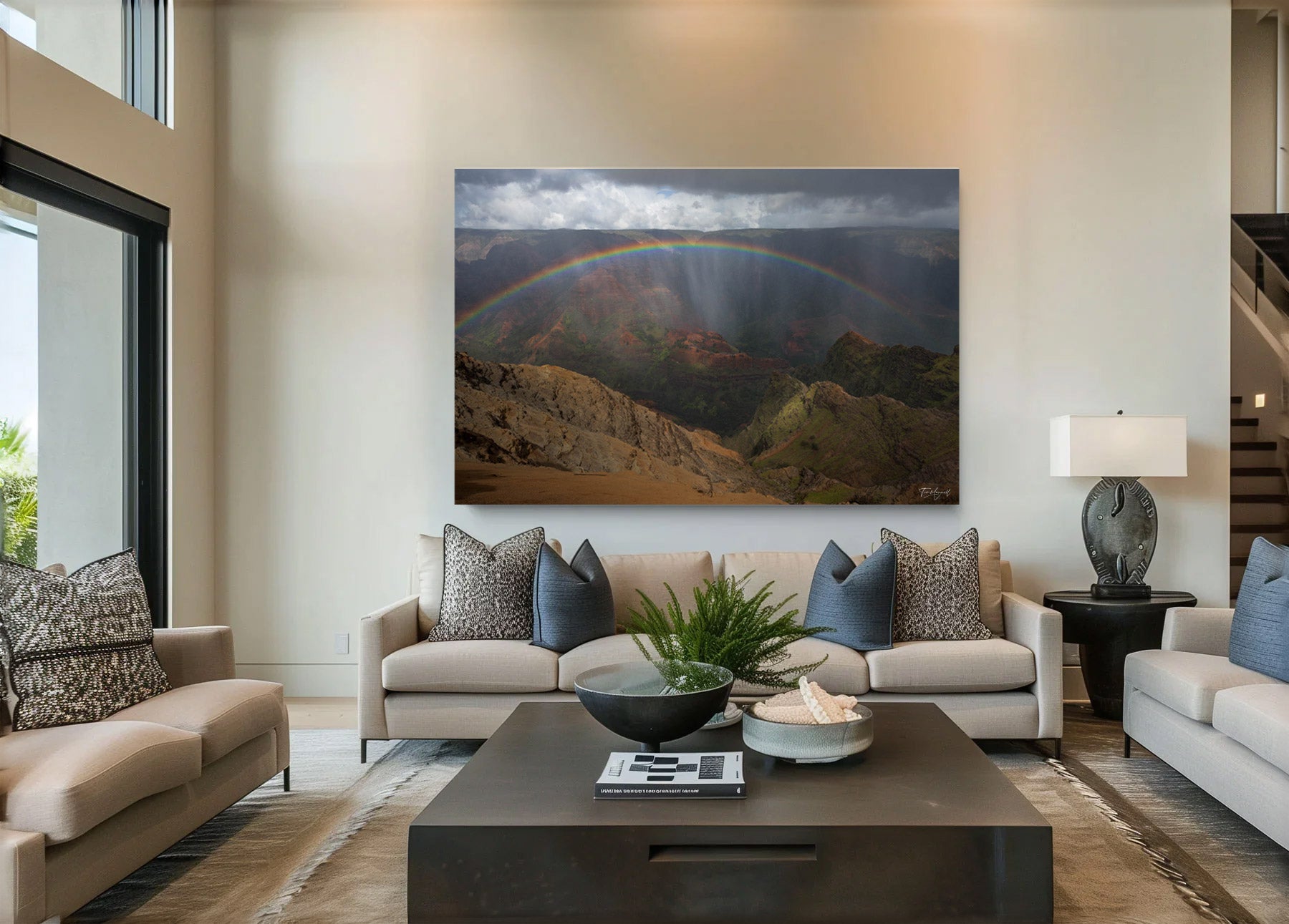Lumachrome acrylic print of Colors of Waimea displayed in a modern living room.