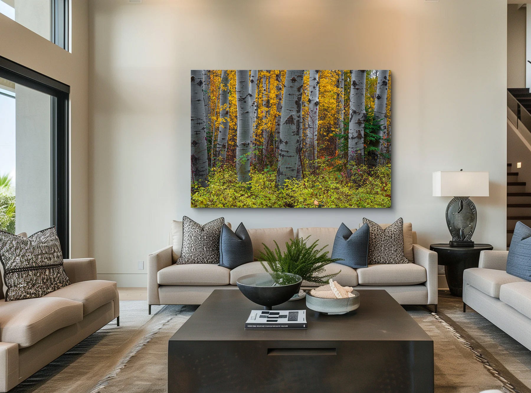 Lumachrome acrylic print of Embraced by Aspens displayed in a modern living room.