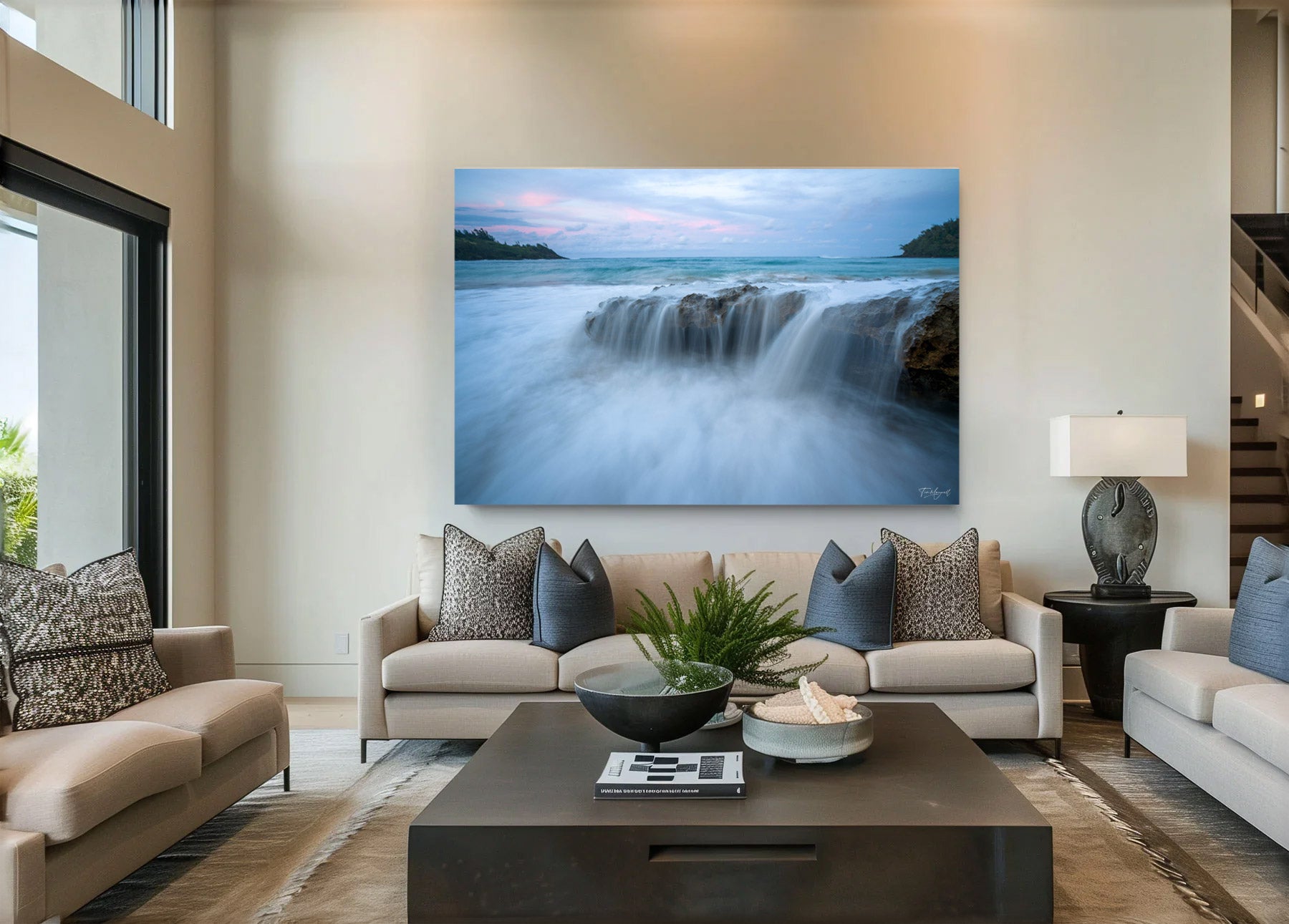 Lumachrome acrylic print of Falling Light displayed in a modern living room.
