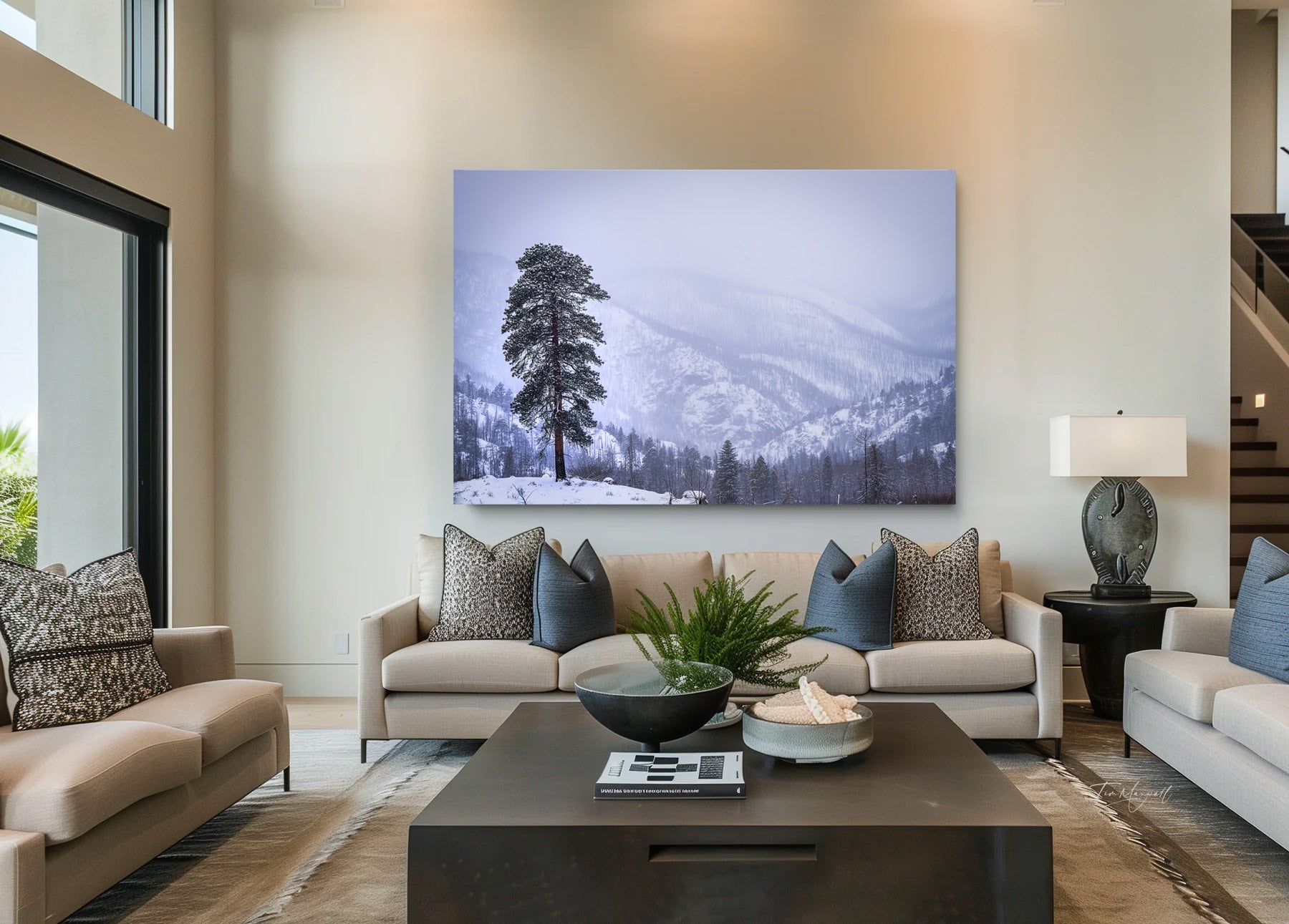 Lumachrome acrylic print of Frozen Sentinel displayed in a modern living room.