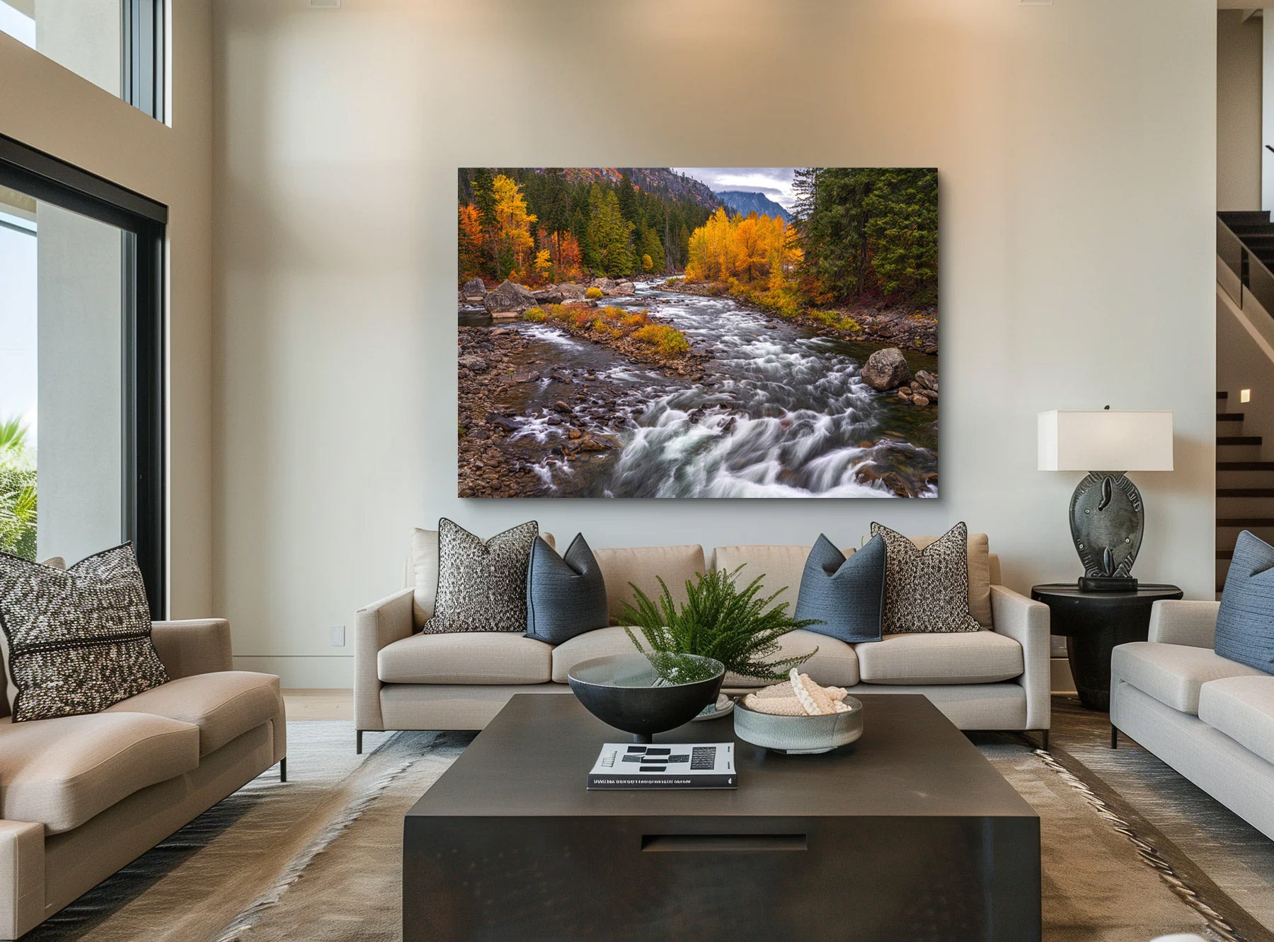 Lumachrome acrylic print of Golden Currents displayed in a modern living room.