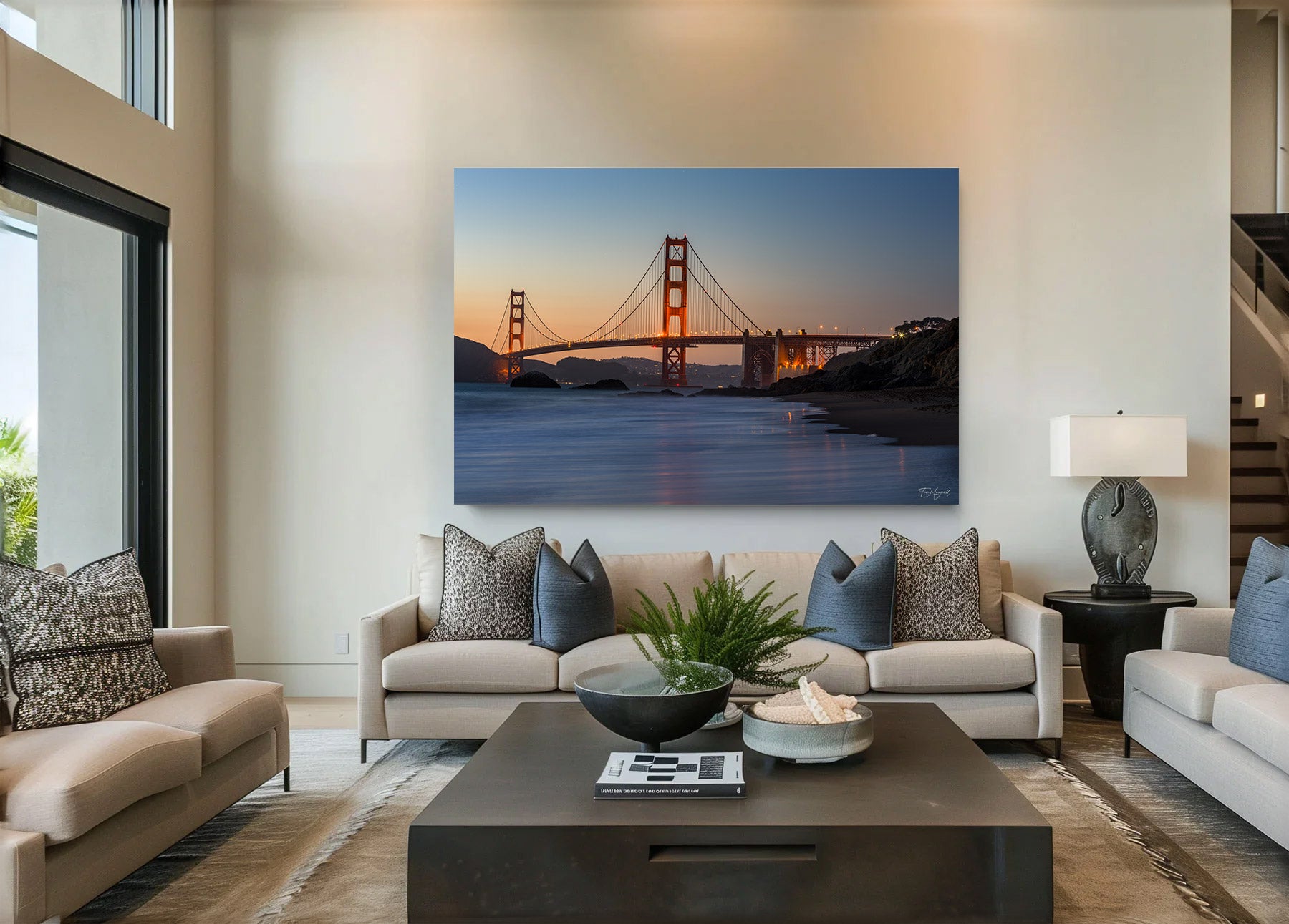 Lumachrome acrylic print of Golden Gate Silence displayed in a modern living room.