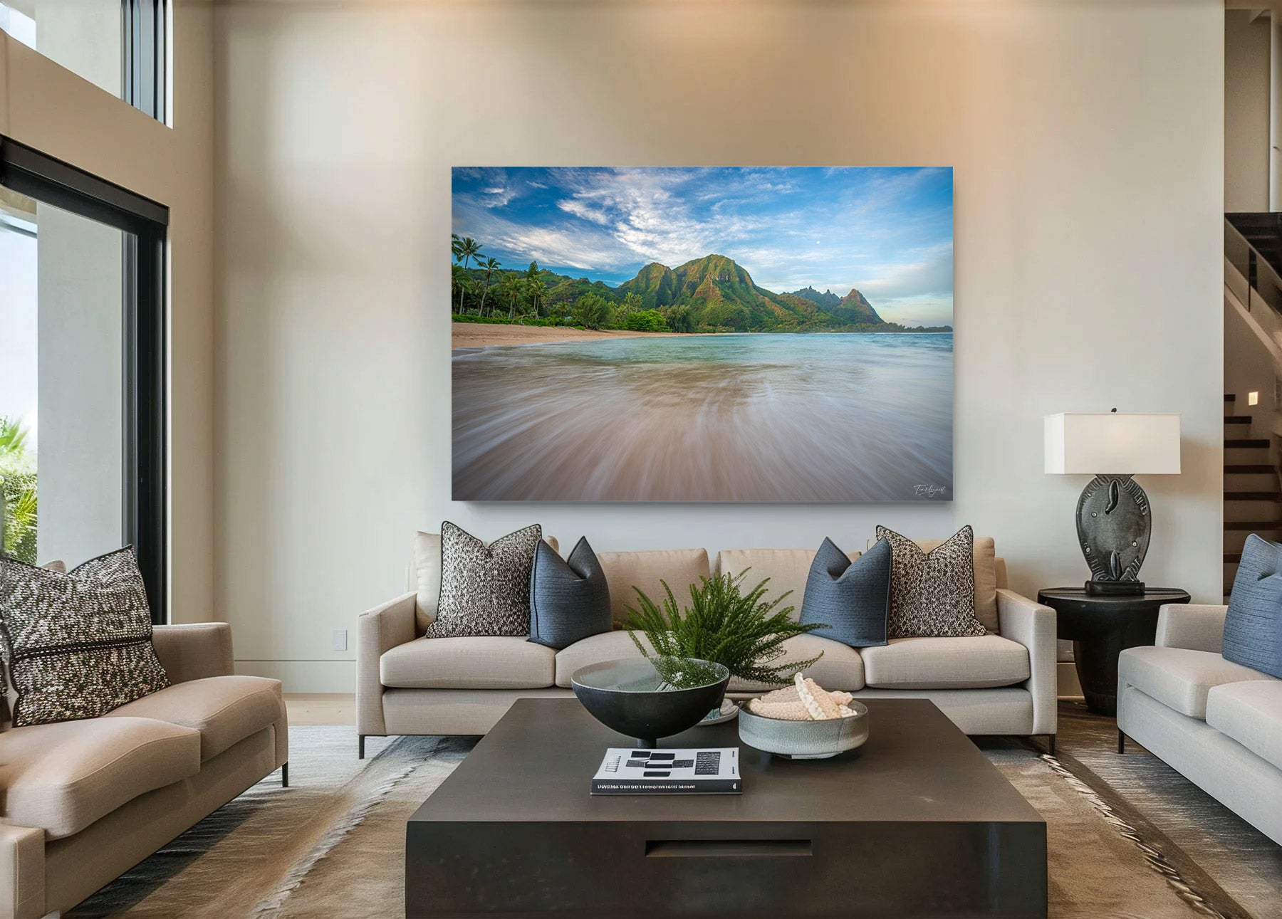 Large acrylic print of Makana Morning Glow displayed in a modern living room setting.
