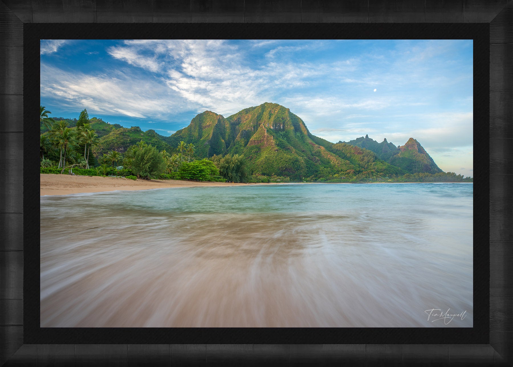 Makana Morning Glow fine art print in ROMA Moulding wood frame with black liner.