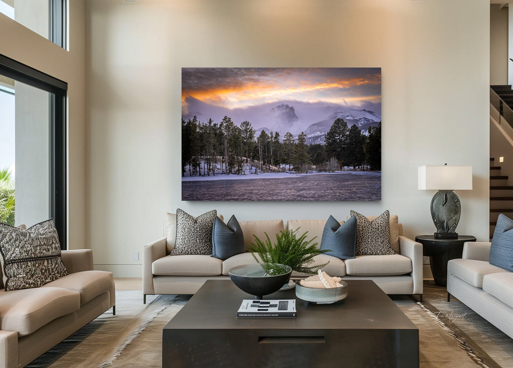 Lumachrome acrylic print of Moody Peak displayed in a modern living room.