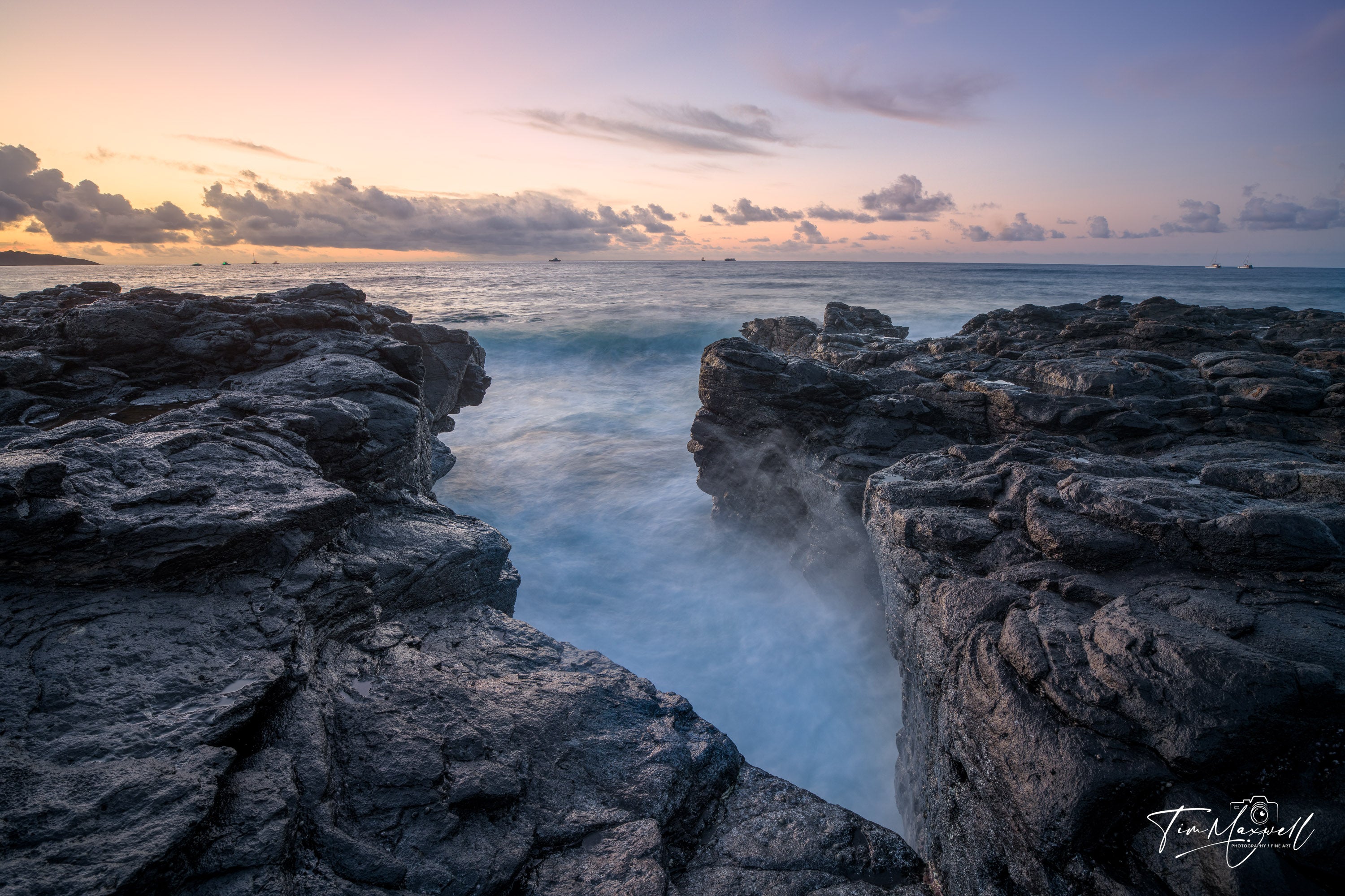Long-exposure sunrise over volcanic rock channel near Kalaheo–Hanapepe, Kauai, fine art print by Tim Maxwell.
