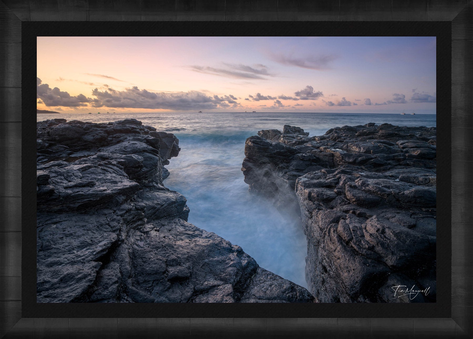 Ocean Divide fine art print in ROMA Moulding wood frame with black liner.
