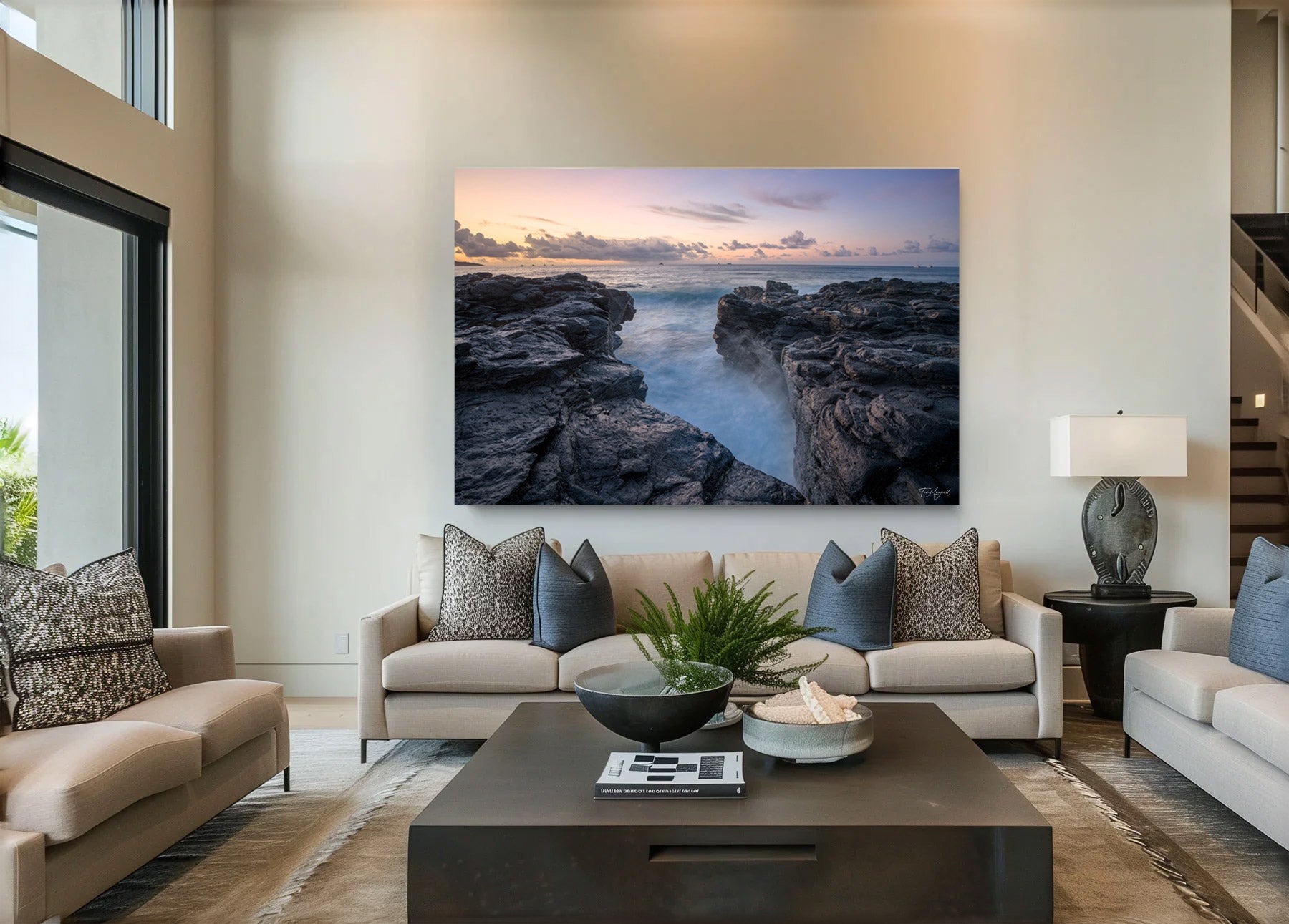 Lumachrome acrylic print of Ocean Divide displayed in a modern living room.