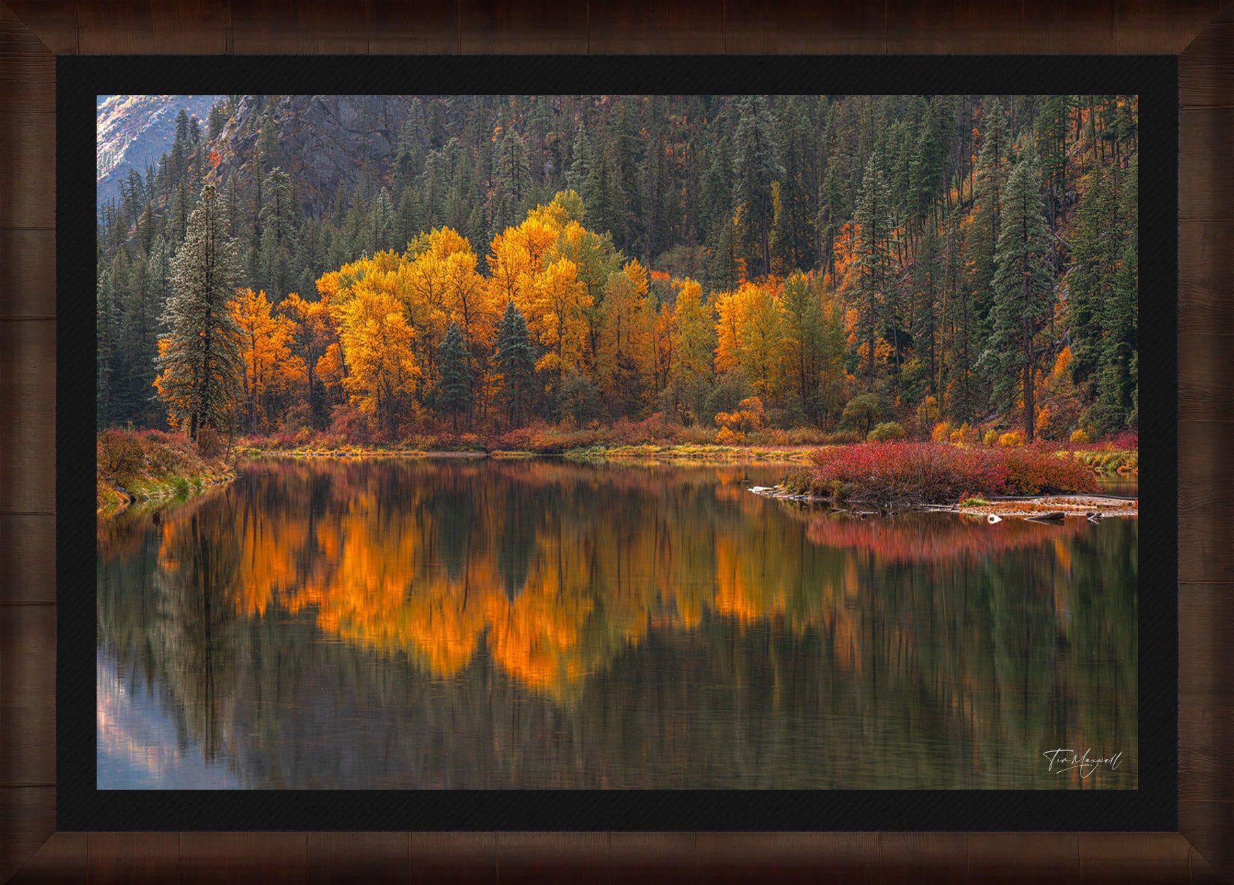 Reflected Glory fine art print in ROMA Moulding Dark Ash wood frame with black liner.