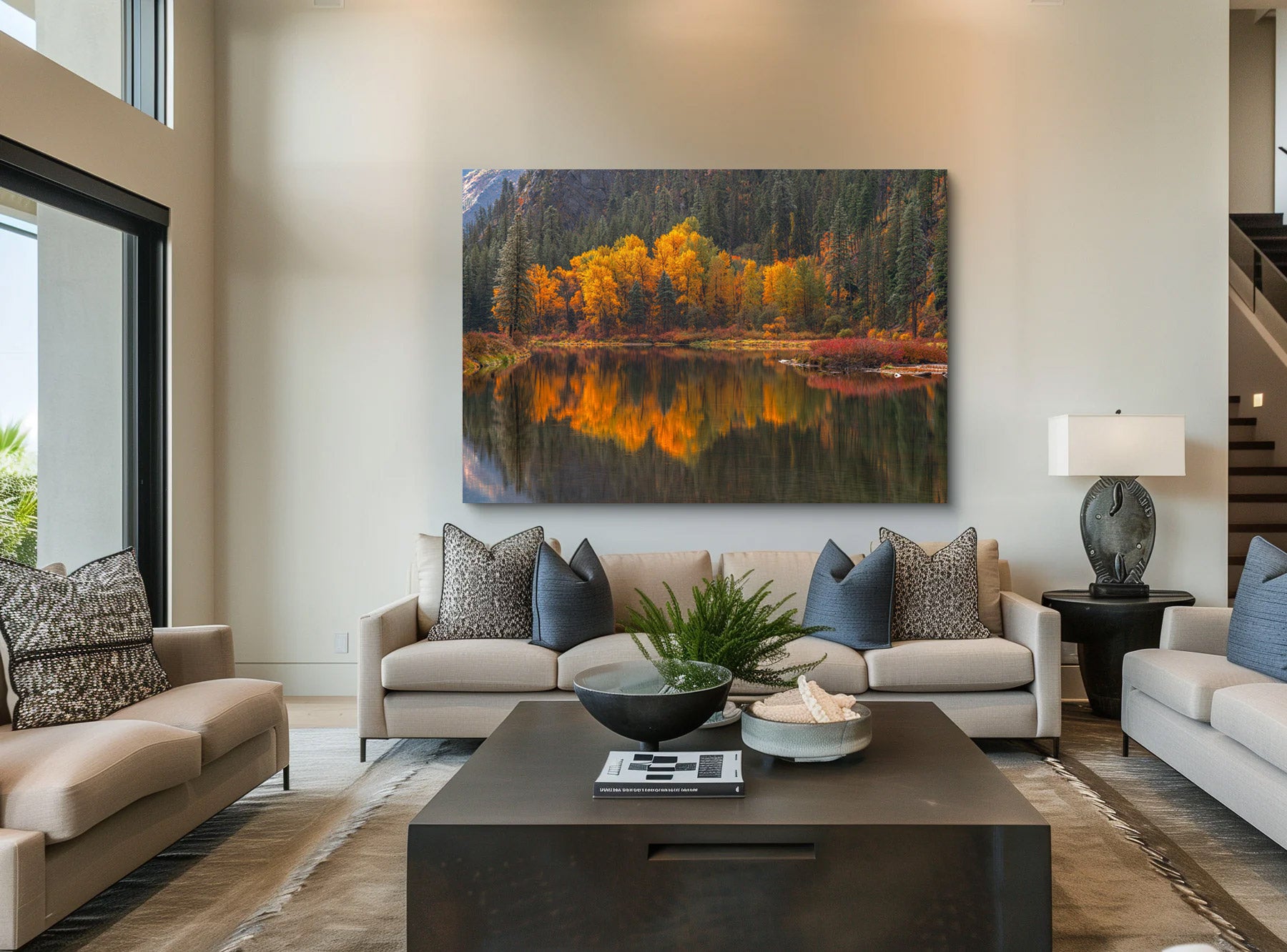 Lumachrome acrylic print of Reflected Glory displayed in a modern living room.