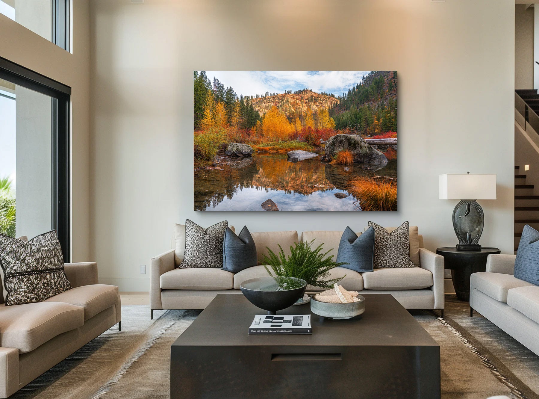 Lumachrome acrylic print of Rust & Gold displayed in a modern living room.