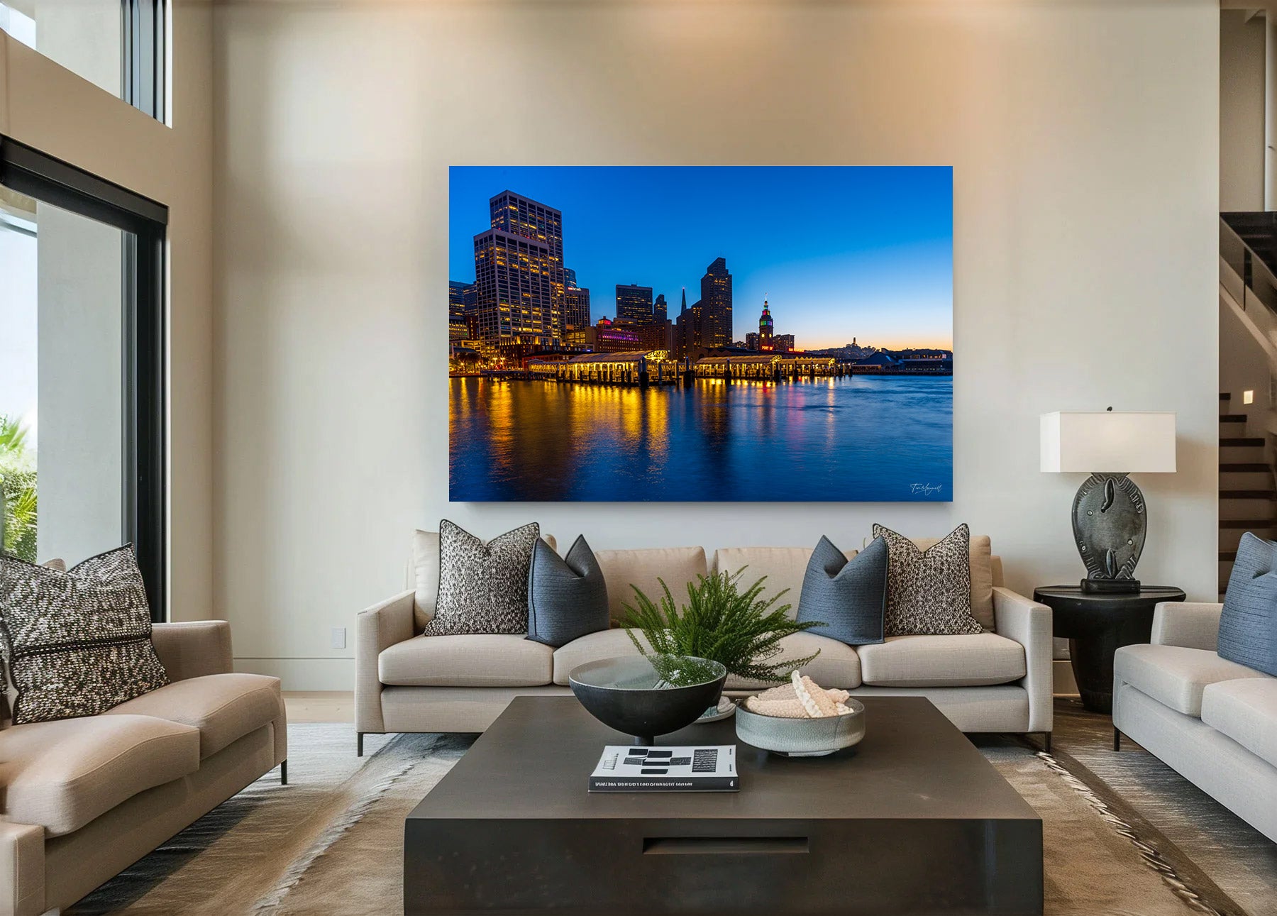 Large acrylic print of San Francisco’s Ferry Building at twilight displayed in a modern living room