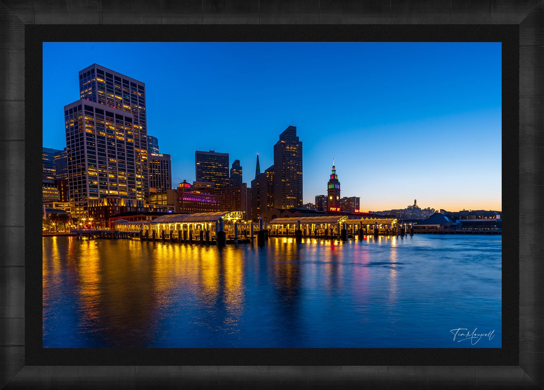Framed fine art print of San Francisco’s Ferry Building at twilight in a ROMA Moulding wood frame with black liner