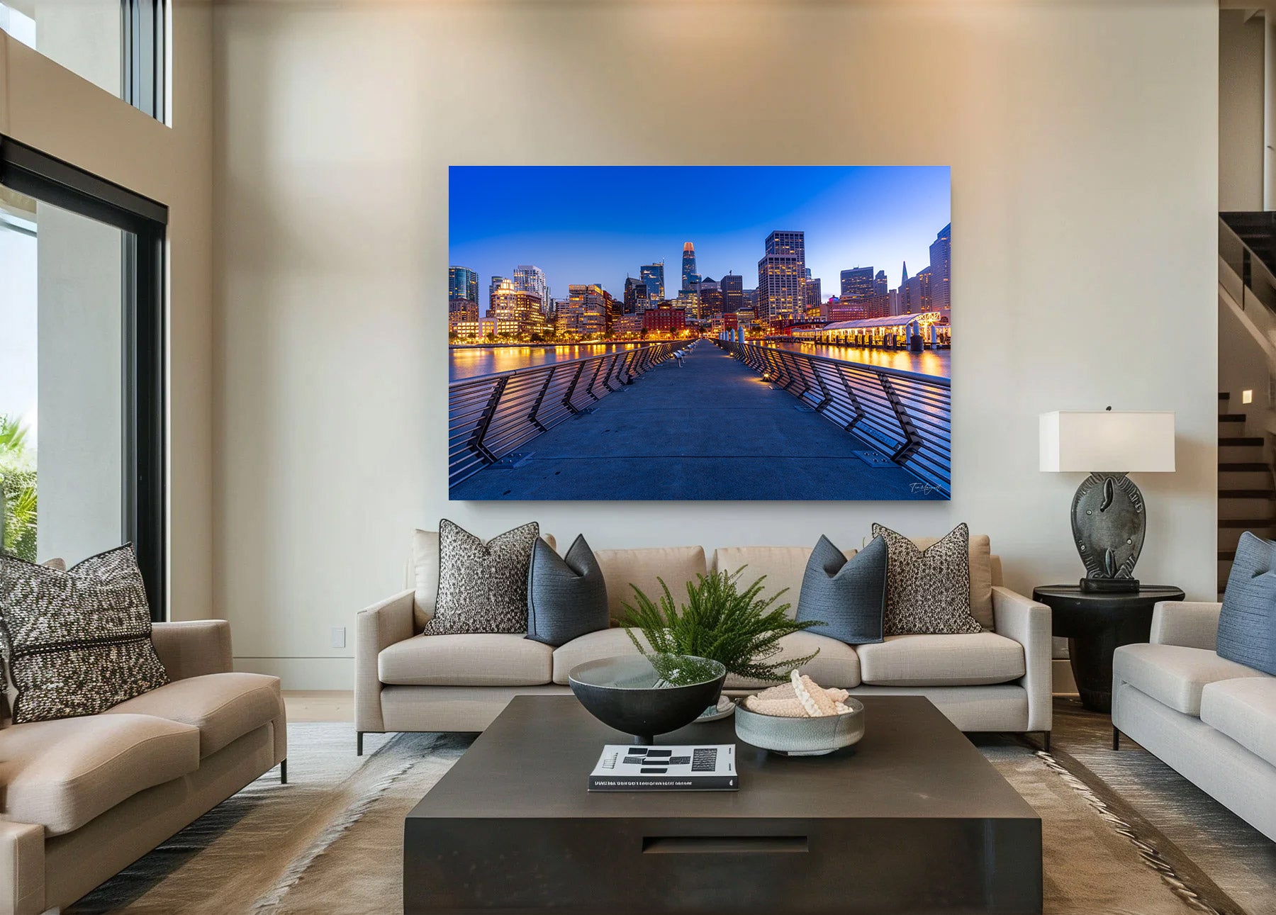 Large acrylic print of San Francisco skyline at twilight from Pier 14 displayed in a modern living room