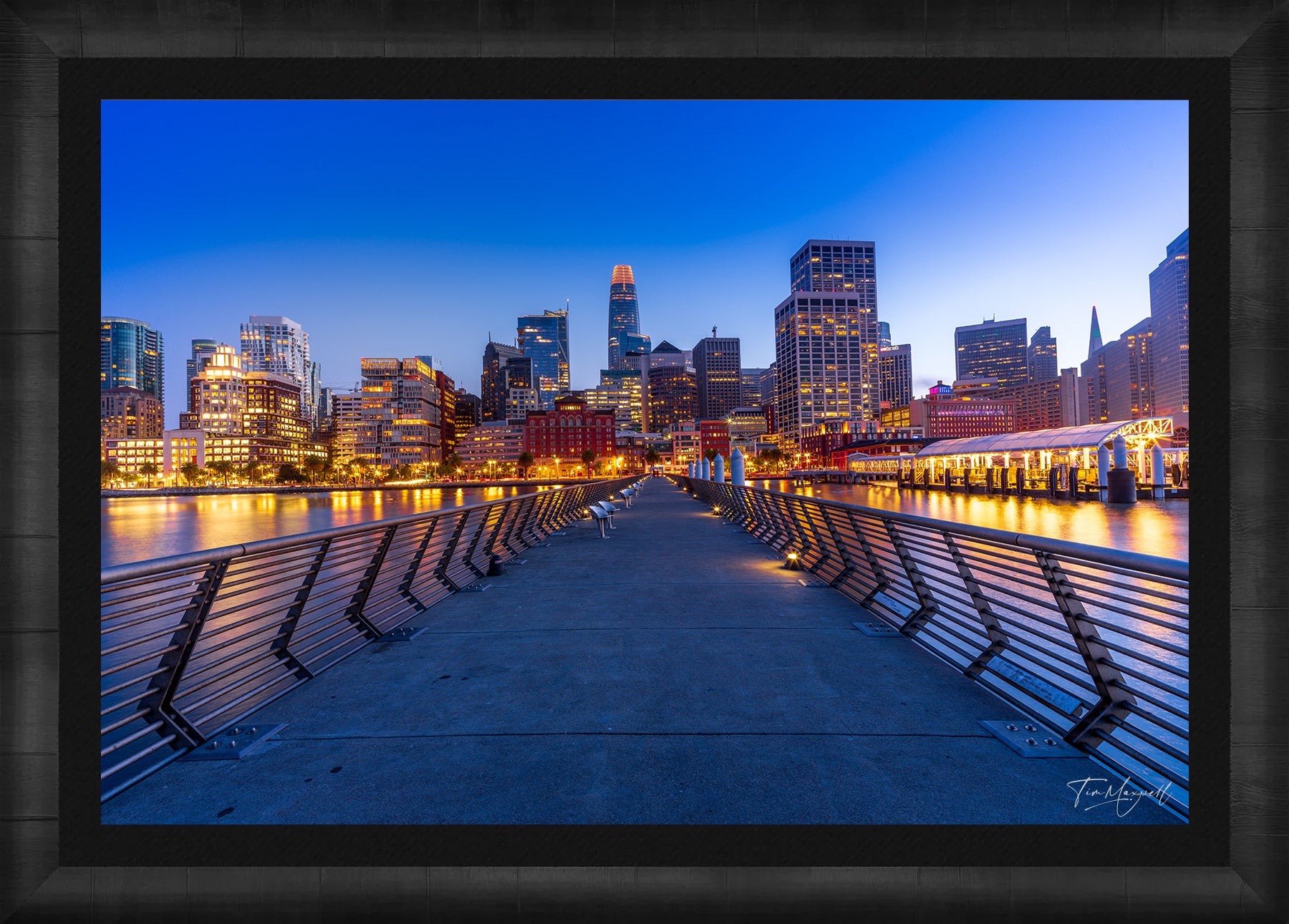 Framed fine art print of San Francisco skyline from Pier 14 at twilight in a ROMA Moulding wood frame with black liner