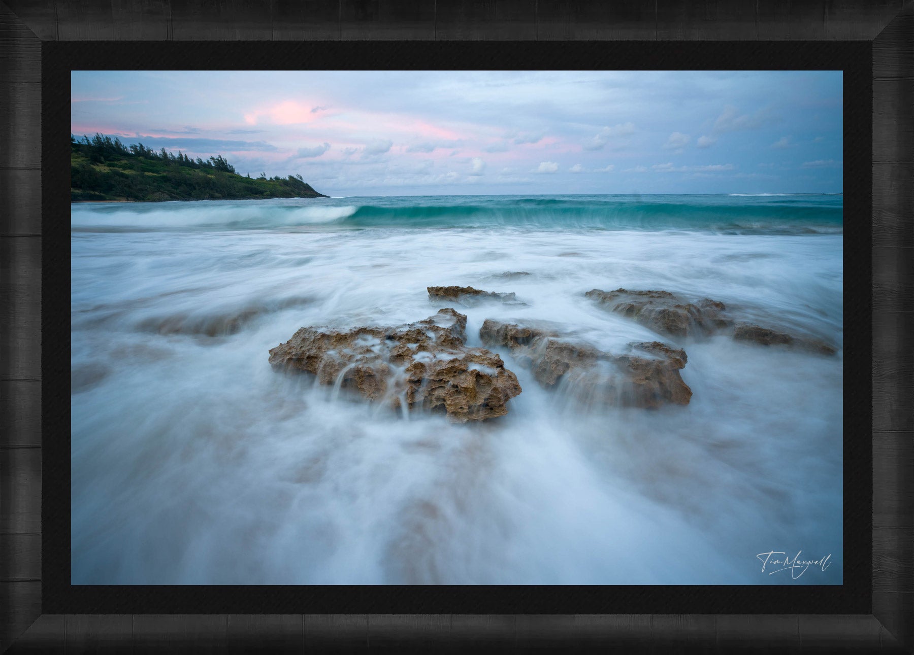Soft Retreat fine art print in ROMA Moulding wood frame with black liner.