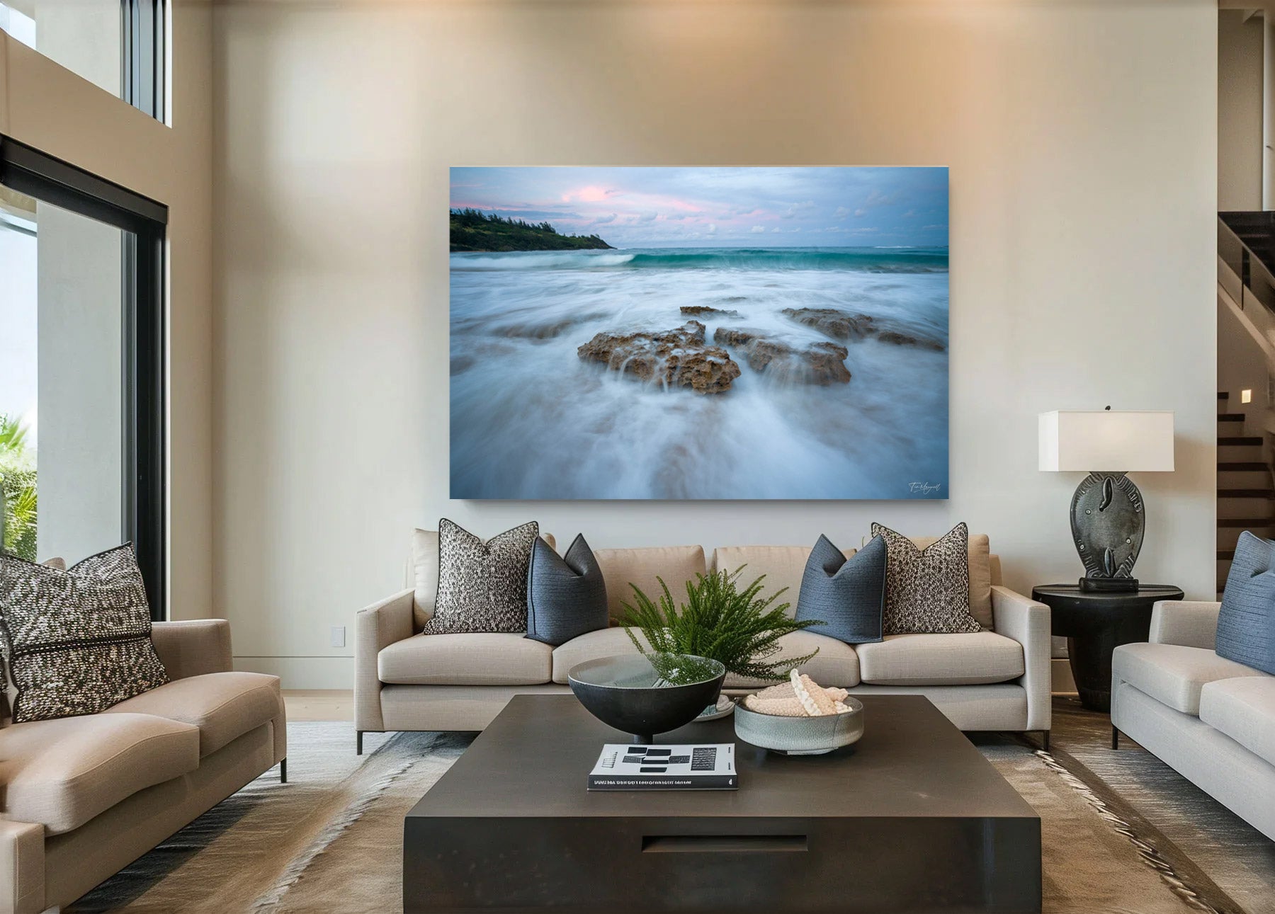 Lumachrome acrylic print of Soft Retreat displayed in a modern living room.