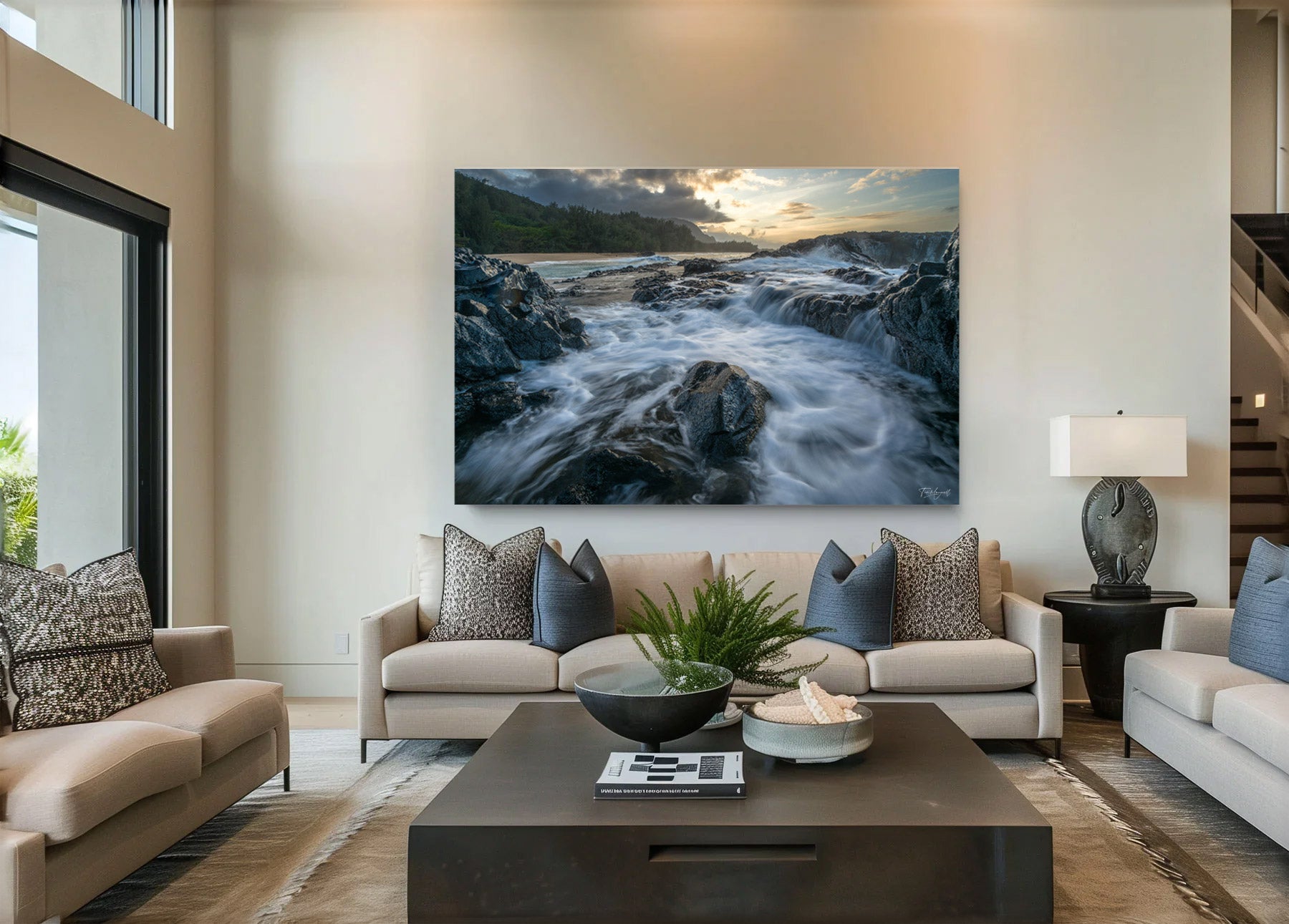 Lumachrome acrylic print of Tidal Cauldron at Lumahai Beach displayed in a modern living room.